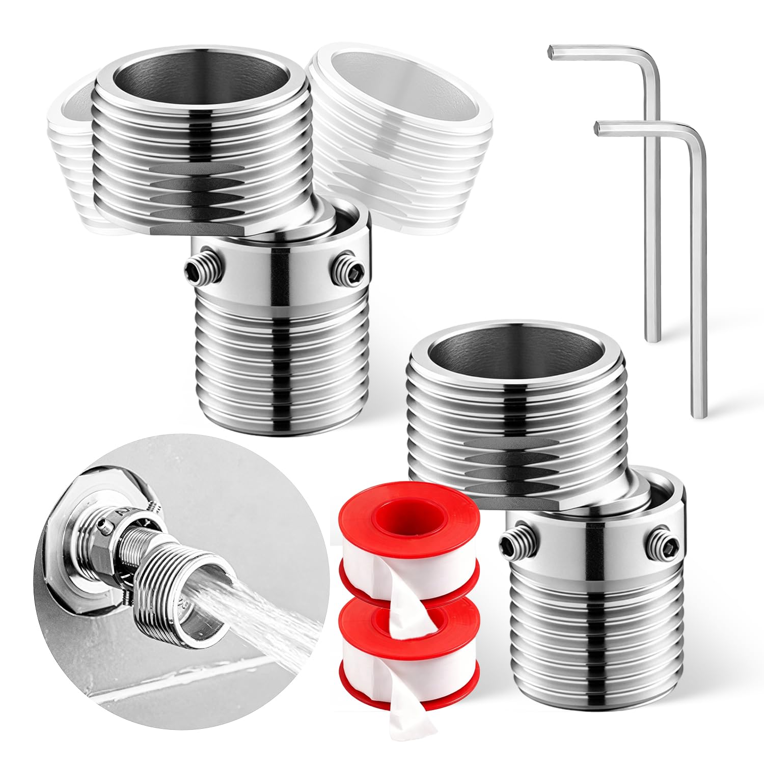 2 Piezas Adaptador Grifo Ducha en Acero Inoxidable 304,Aexcentricas Excentricas Grifo Ducha Ajustable Rotativo a 360° Adaptador de Baño Flexible en Forma S, Griferia Ducha para Baño Cocina y Lavabo — view 8