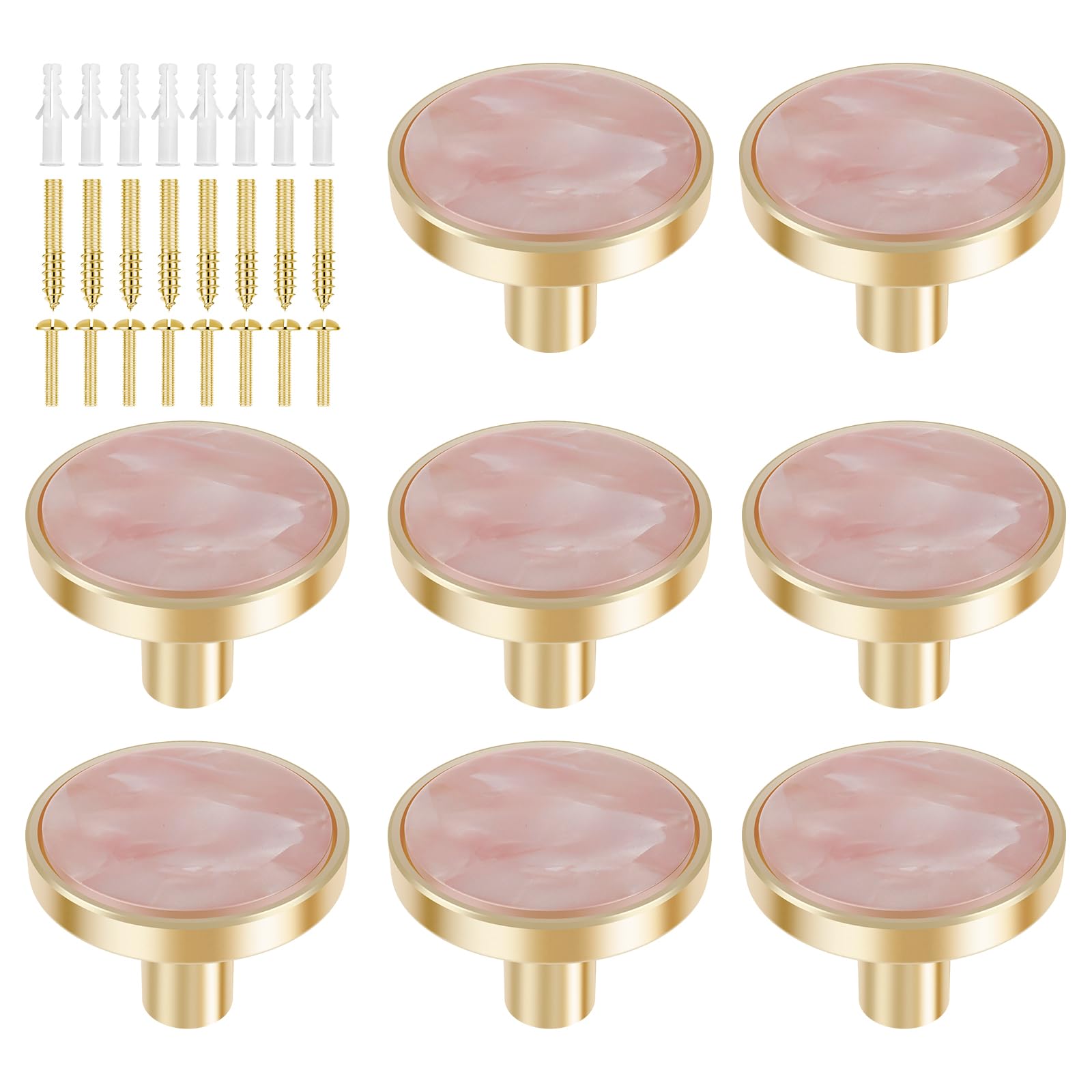 YUNYOUC 8Pcs Drawer Knob Set, Zinc Alloy Round Dresser Knob with Screws, Gold Single Hole Drawer Pull Handle, Decorative Exquisite Furniture Handle for Wardrobe, Cabinets, Doors (Pink) โ image 1