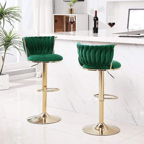 Miniatura 2 de Juego de 2 taburetes de bar giratorios de terciopelo, modernos taburetes de bar de altura ajustable de 24 pulgadas con respaldo tejido y reposapiés,