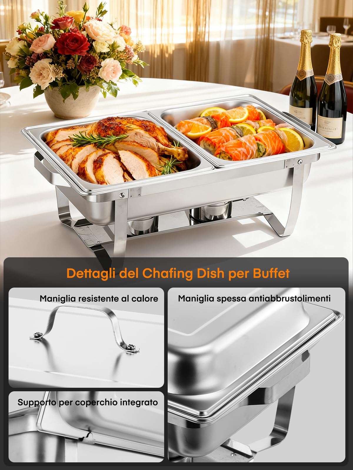 Scaldavivande per Buffet in Acciaio Inox, 4 Pezzi Chafing Dish Buffet, 9L Scaldavivande Rettangolare con Coperchio, per Catering, Feste, Buffet, Matrimoni (2×GN1/1+2×GN1/2+4×GN1/4)
