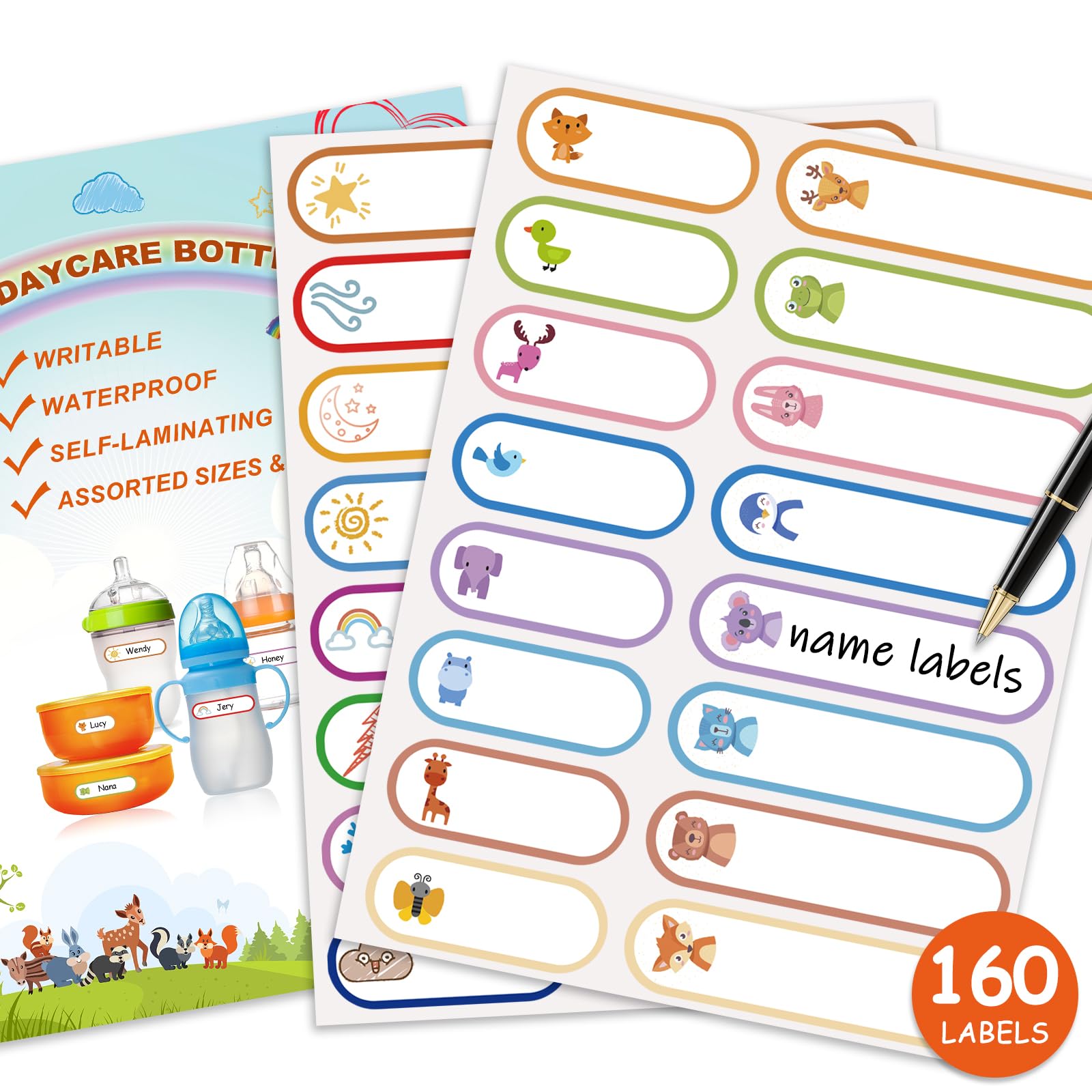 160 PCS Baby Bottle Labels for Daycare, Waterproof Write-On Kids Name Labels, Self-Laminating Self-Adhesive Bottle Strickers for Daycare School,