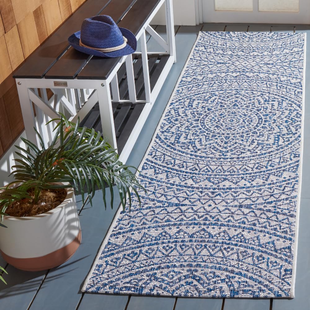 SAFAVIEH Courtyard Collection 2'3" x 8' Ivory/Navy CY8734 Indoor/ Outdoor Waterproof Easy Cleaning Patio Backyard Mudroom Runner Rug