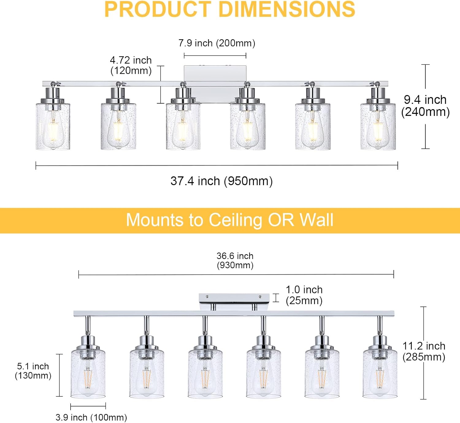 6-Light Track Lighting Kit Chrome Tracking Lights Fixture Ceiling Vanity Light with Seeded Glass Track Lighting Heads, Multi-Directional Rotating Spotlight Fixtures for Kitchen Accent Shop