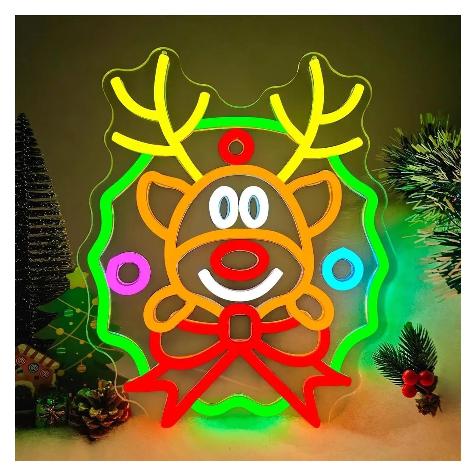 Rongch One Color Hanging Art Signs Wreath Elk Neon Sign Deer Dimmable Reindeer For Store Window Festival Party Home Art Decor 34.6X29cm
