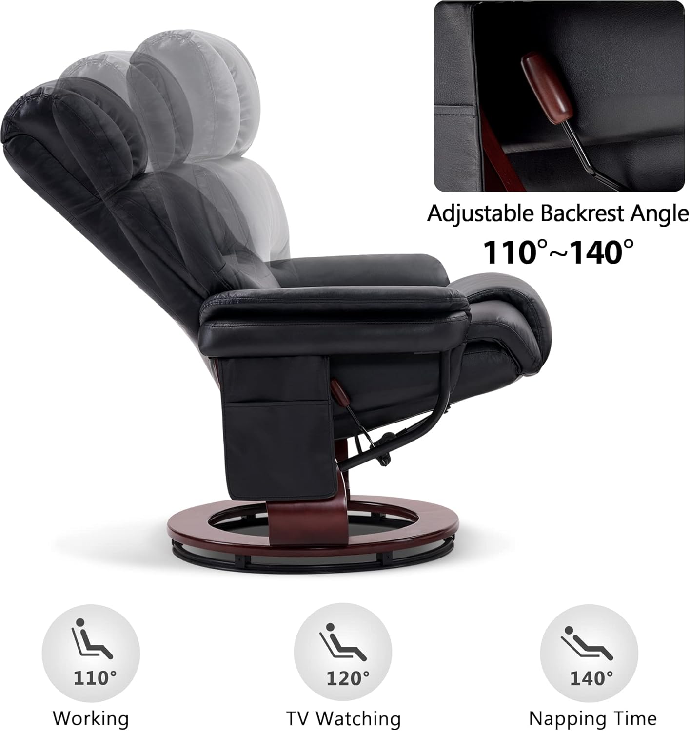 MCombo Swivel Recliners with Ottoman, Reclining TV Chairs with Vibration Massage, Faux Leather Ergonomic Lounge Chair for Living Room Bedroom 4832 (Black)