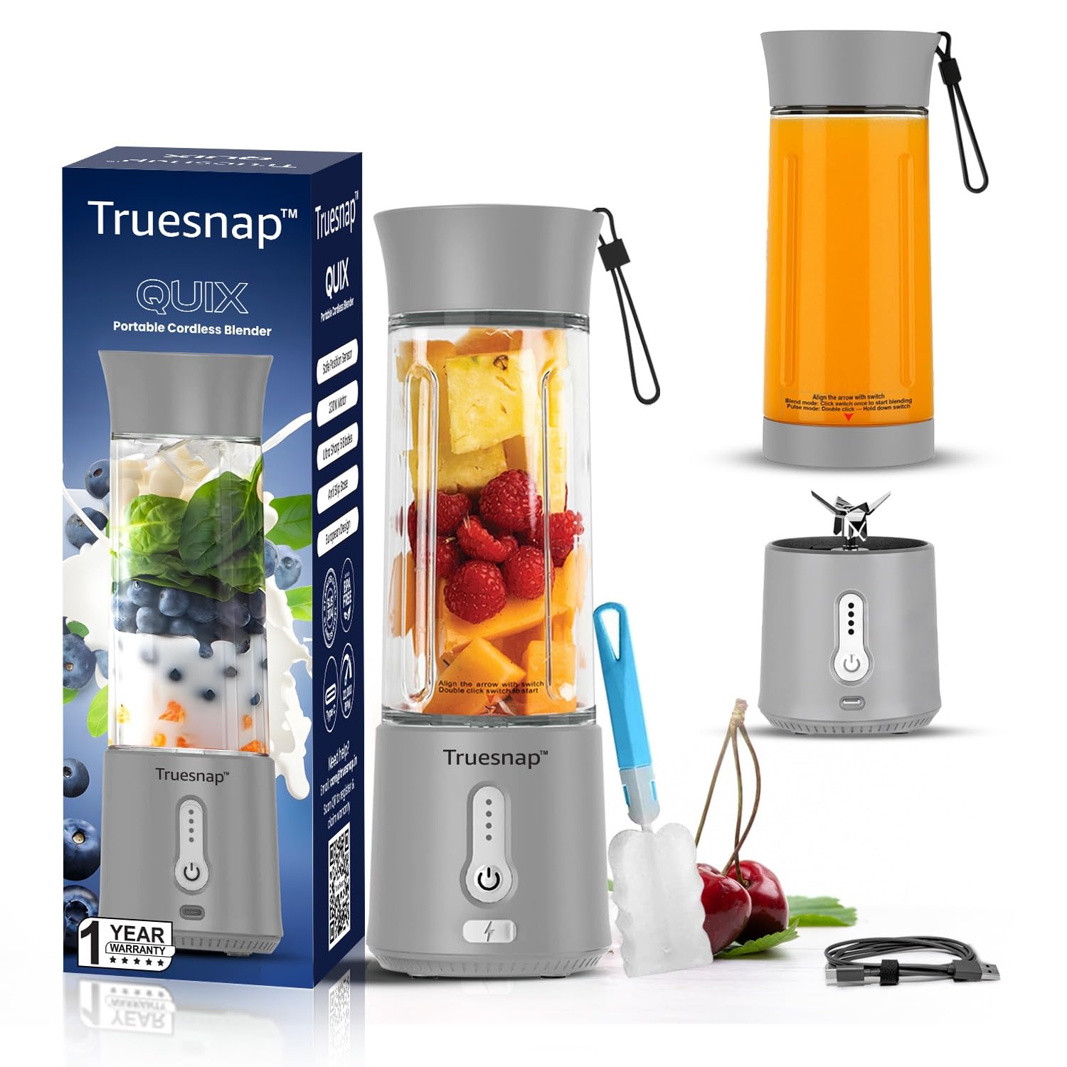 Truesnap QUIX PRO Portable Smoothie Blender 500ml for Smoothies Juices Coffee & Shakes | USB-C Rechargeable Juicer Mixer Grinder with 230W Motor 6 Stainless Steel Blades & 4000mAh Battery | Grey