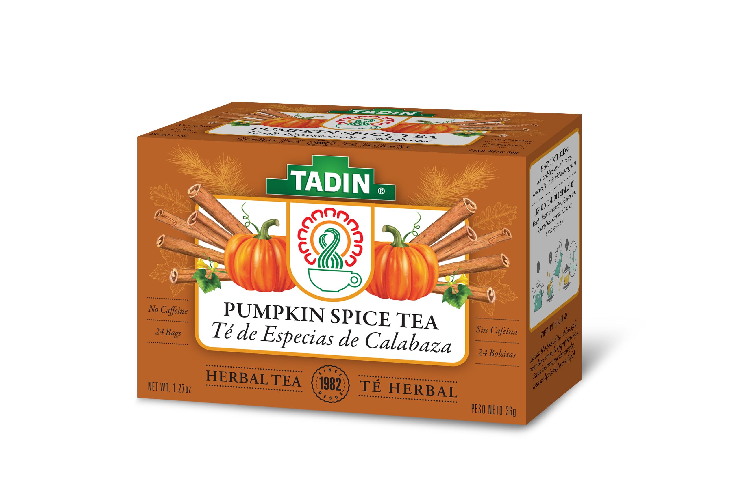 TadinPumpkin Spice Herbal Tea, Caffeine Free, Decaf, 24 Tea Bags Per Box, Pack of 6