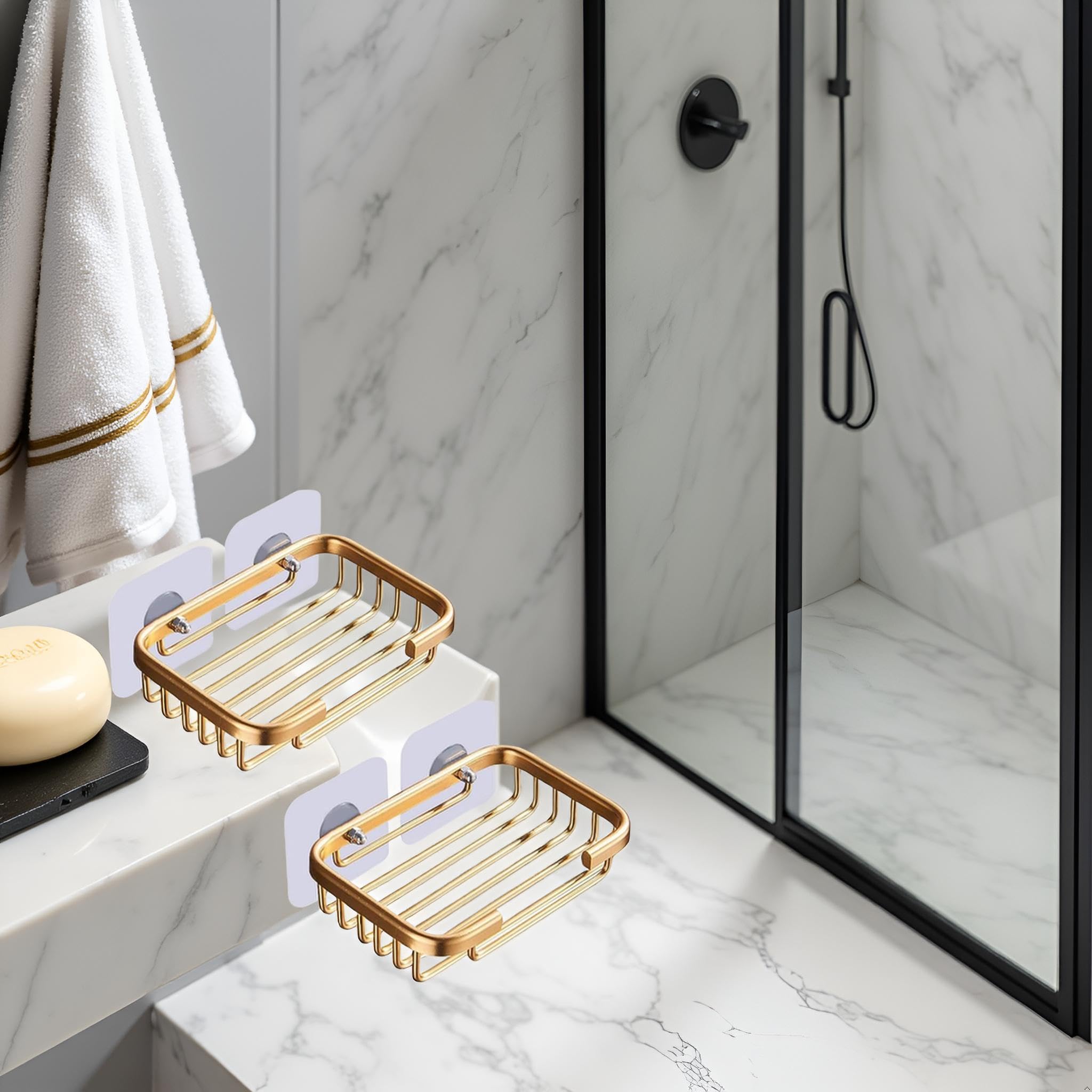 2 jaboneras doradas para ducha, estante de drenaje colgante creativo, soporte autoadhesivo para jabonera, estante de almacenamiento de jabonera, sin daños, para colgar en el baño, sin taladros, 7