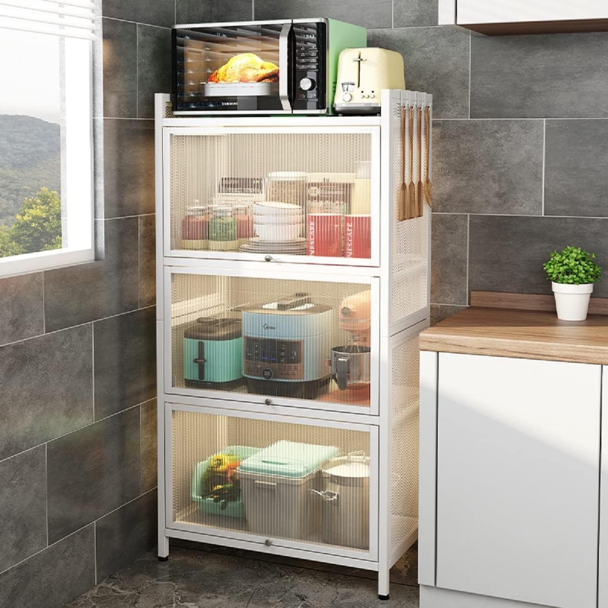 Bakers Rack With Storage, Bakers Racks For Kitchens, 4-Tier Flip-Top Kitchen Storage Shelf, With 4 Hooks, Semi-Transparent Cabinet Door, Adjustable Foot Pads (White, 4 Tier)