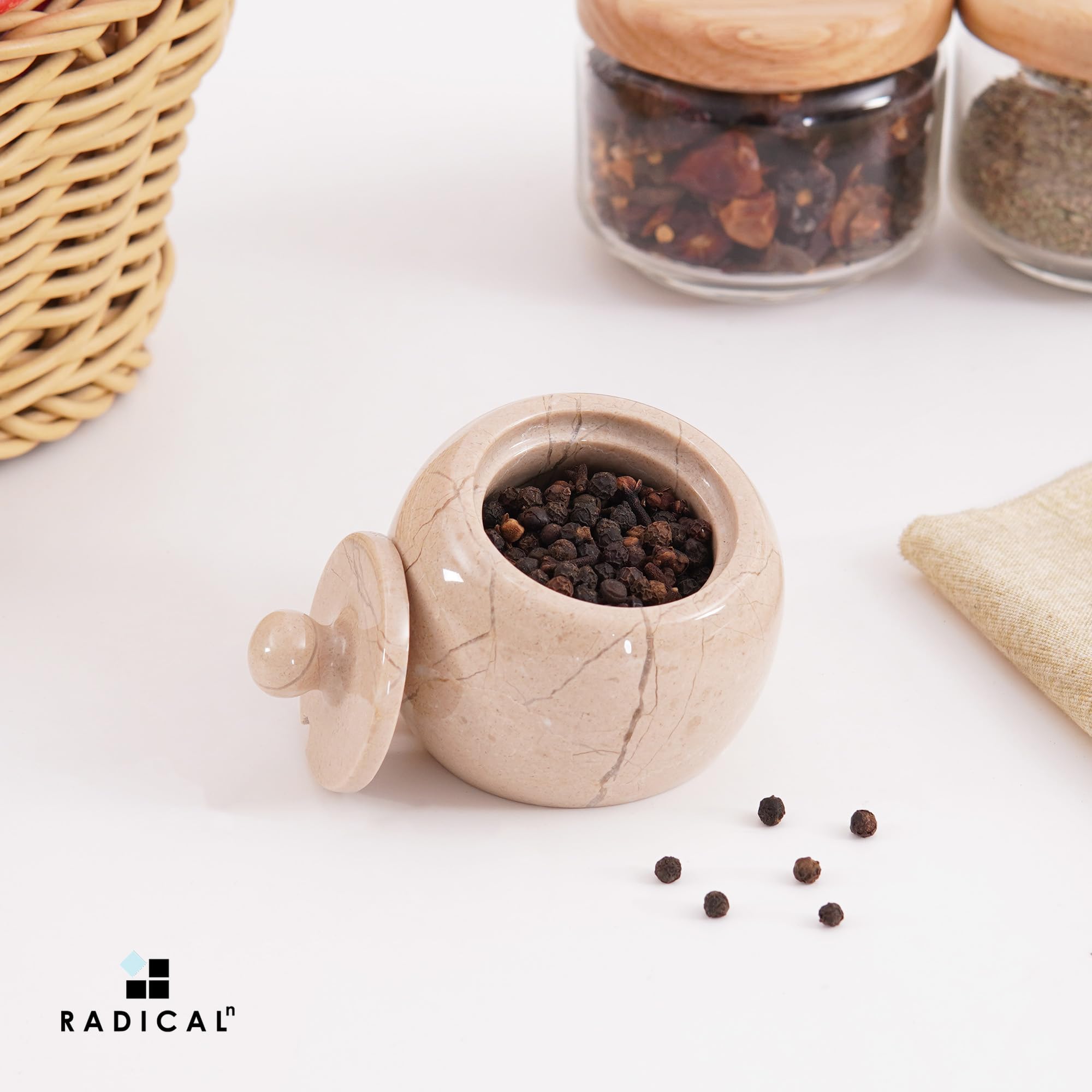 Radicaln Saliera in marmo con coperchio, 7,6 cm, contenitore per sale e spezie Verona, per piano di lavoro della cucina, zuccheriera e saliera da tavolo
