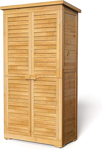 Vista 9 de Gizoon Outdoor Storage Cabinet with 3 Shelves, Double Lockable Wooden Garden Shed with Waterproof Roof, Outside Vertical Tall Tool Shed for Yard