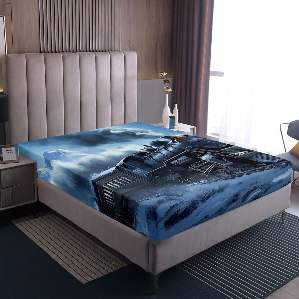 Erosebridal Kids Train Bed Sheets Set Full Size,Vintage Steam Train Bedding Set for Boys Men,Snow Mountain Scene Sheets Transportation Vehicle Fitted Sheet Set 4Pcs Bedroom Decor
