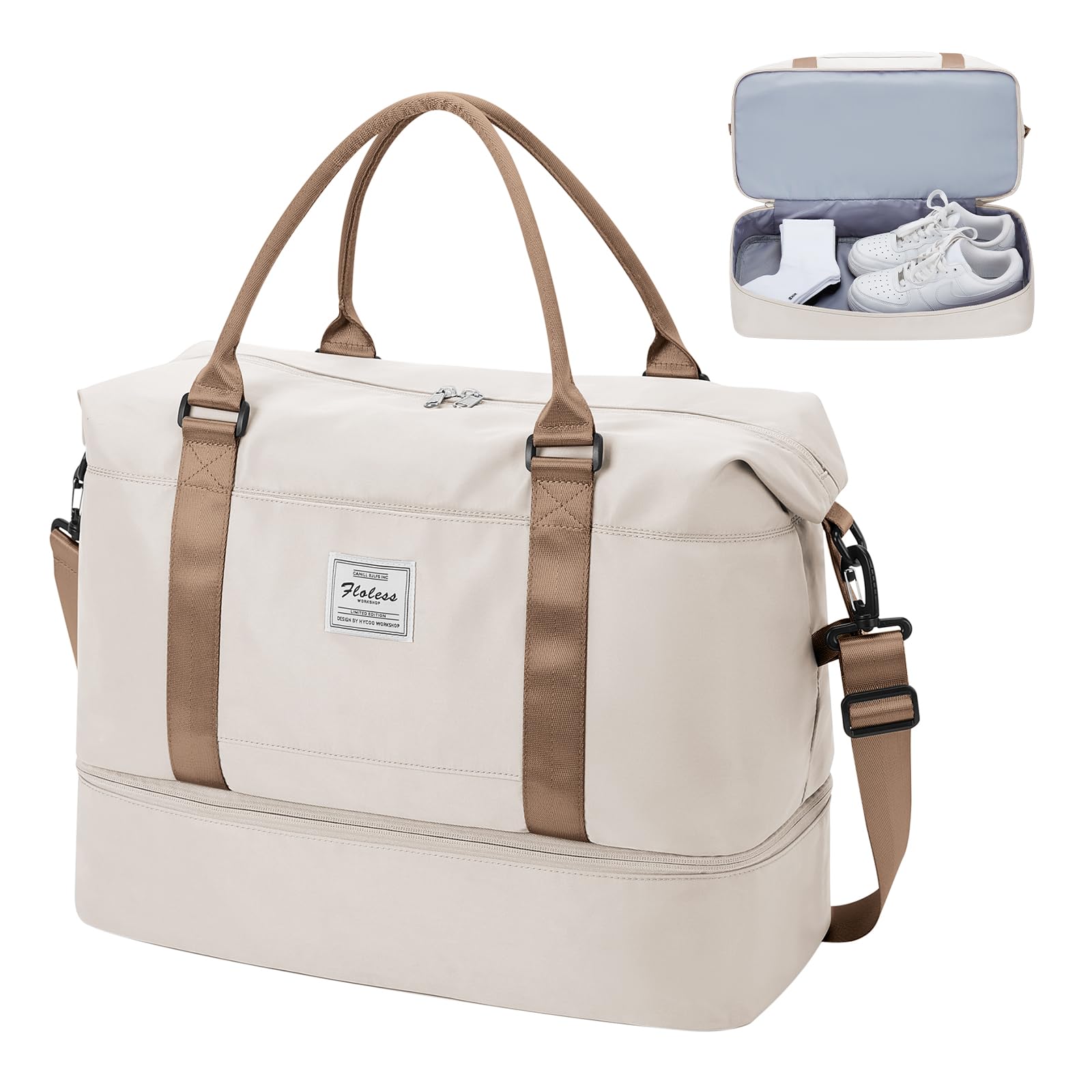 HYC00 Borsa da Viaggio Donna Uomo, Borsone Palestra Sportiva con Porta Scarpe, Weekend Piscina Ginnastica, per Ospedale - Beige Marrone