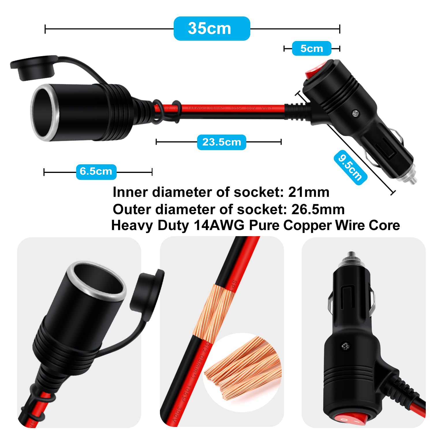 Cigarette Lighter Cable with On Off Switch 12V 24V Cigarette Lighter Extension Heavy Duty 14AWG 20A Fuse with LED Light, Waterproof Cover Suitable for Cars, Motorcycles, Boats (0.3 m/1FT)