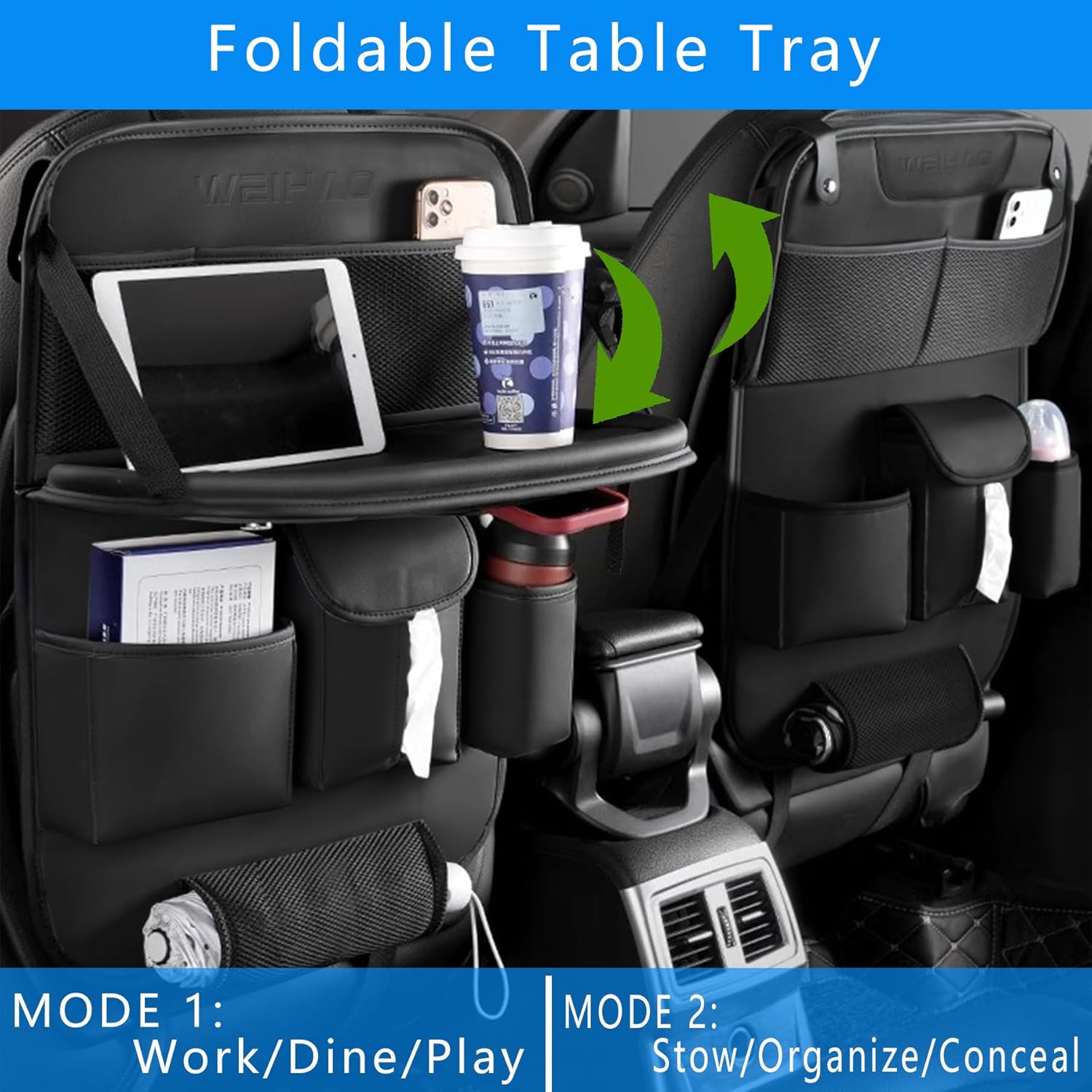 Backseat Car Organizer with Tray Foldable, Tissue Holder, Cup Holder, Leather Seat Back Car Storage Organizer for Family, Kids, Travel, Office Use, Universal Fit Sedans SUVs most Vehicles (Black-1PC)