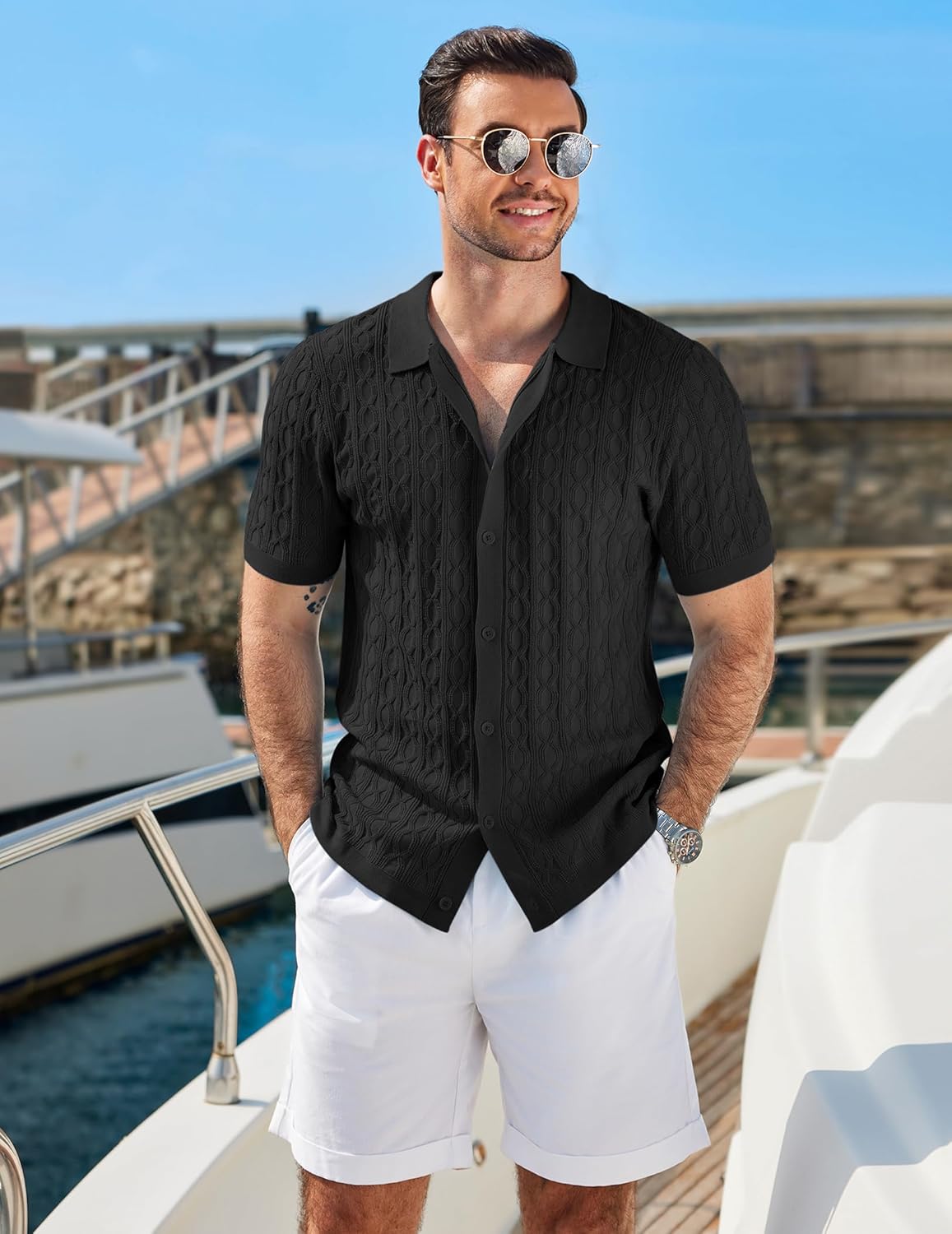 COOFANDY Men's Knit Short Sleeve Shirts Button Down Vintage Knitted Polo Shirt Casual Beach Crochet Cable Vacation Shirt - Image 3