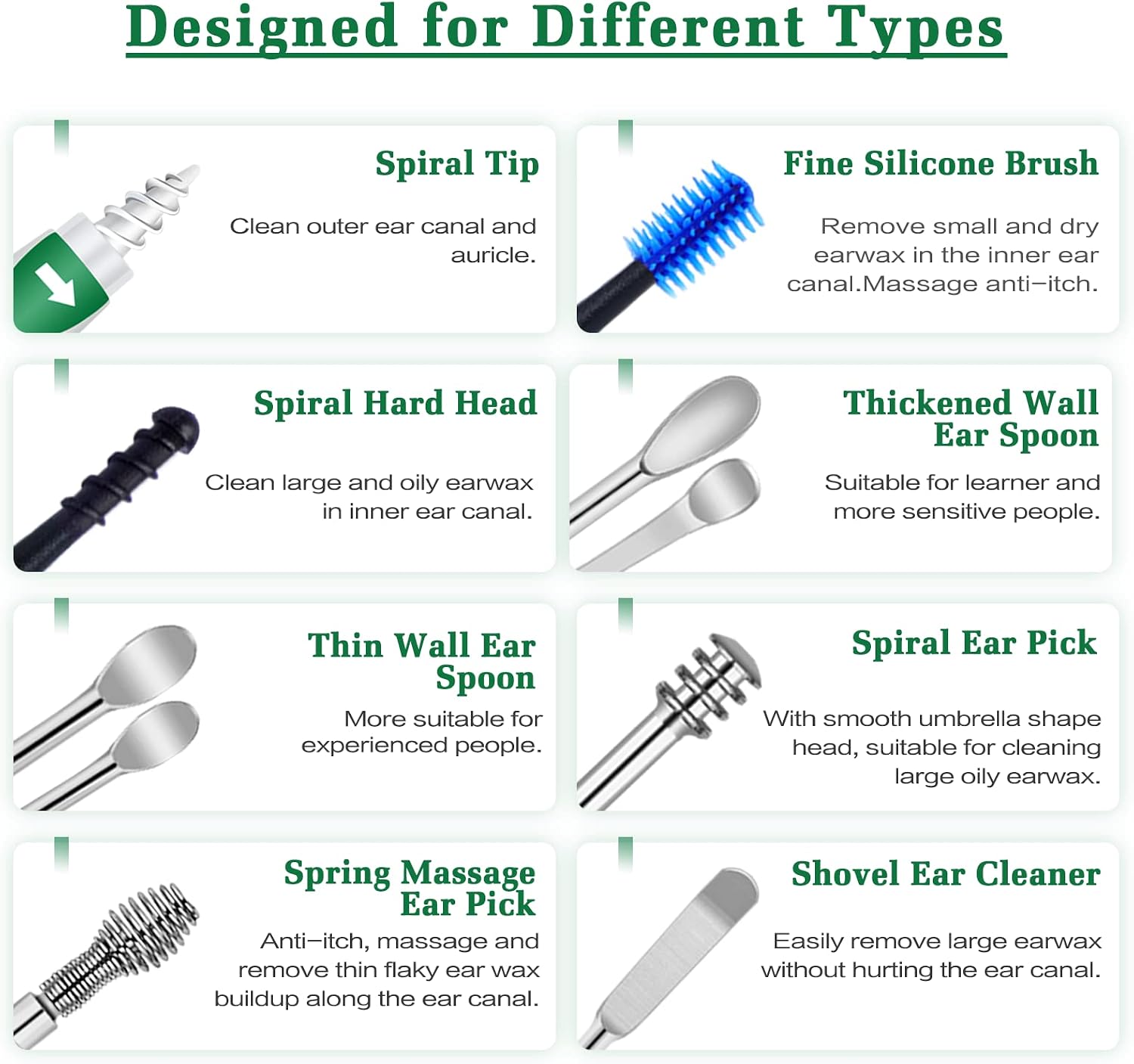 Ear Wax Removal Tool,KDO 9 in 1 Pick Earwax Kit,Soft Q Grips Remover with 16 Replacement Tips Silicone,Reusable Cleaner,Safe Cleaning Kit,Ear for Adults Kids, Grass Green
