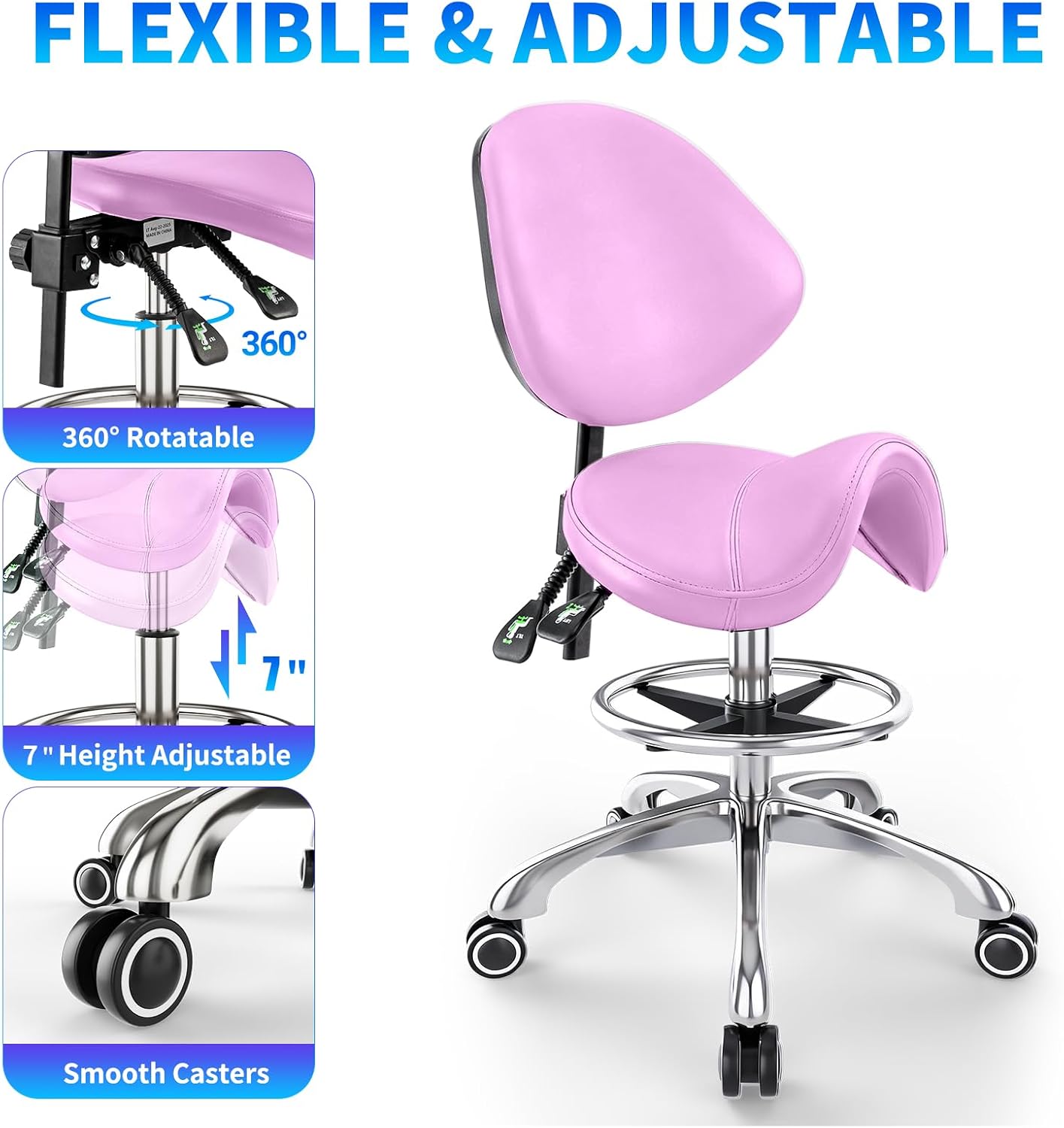 Saddle Chair with Back Support - Tilted Backrest, Adjustable Foot Rest, 350 LBS Capacity Ergonomic, 360° Swivel Drafting Chair for Salon, Spa, Massage, Tattoo, Facial lash, Home,（Macaron Purple）