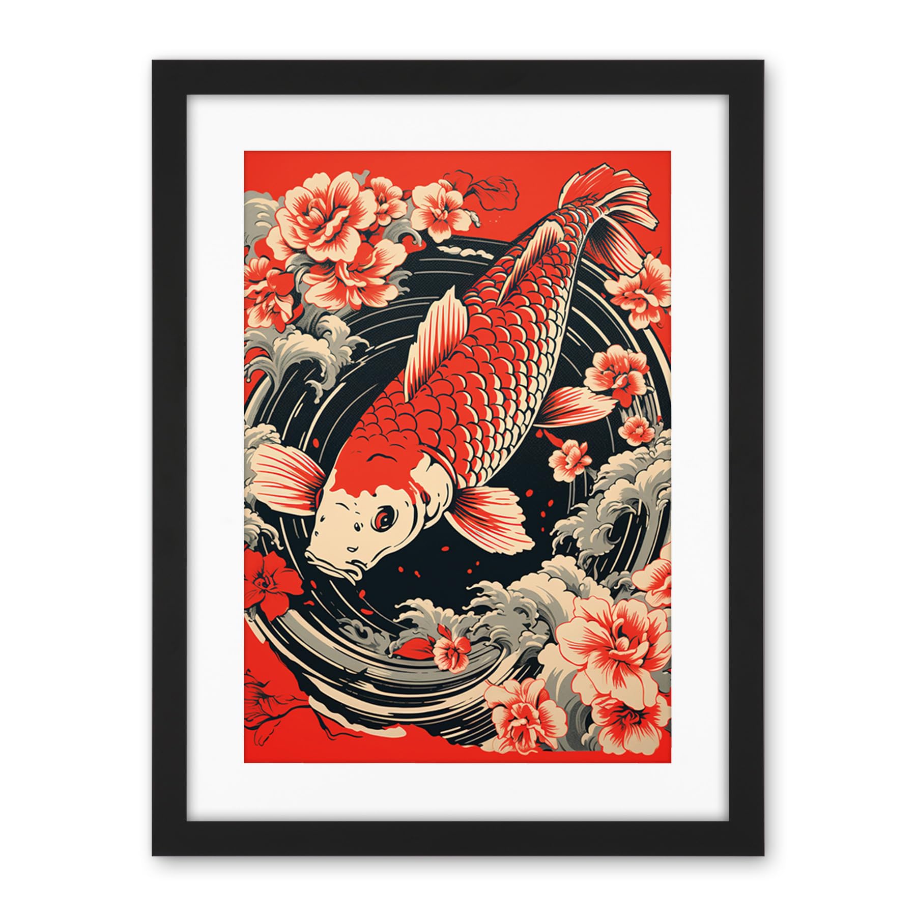 Artery8 Koi Fish Carp Japanese Whirlpool Red Black Floral Illustration Artwork Coy Artwork Framed Wall Art Print 18X24 Inch