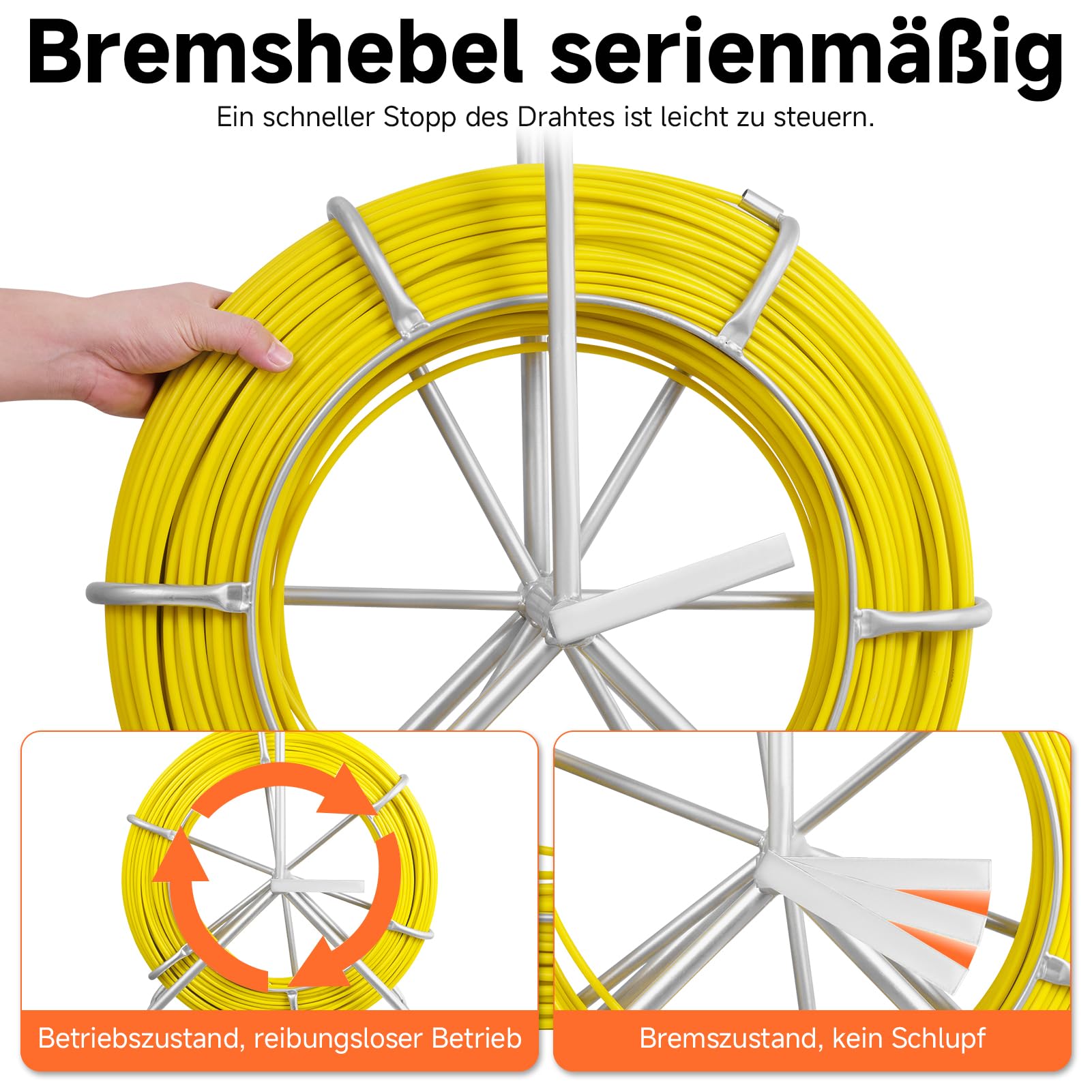 Fiberglas Kabel Rad 150m Ø6mm Glasfaserstab inkl. Stahlhaspel Handschuhe