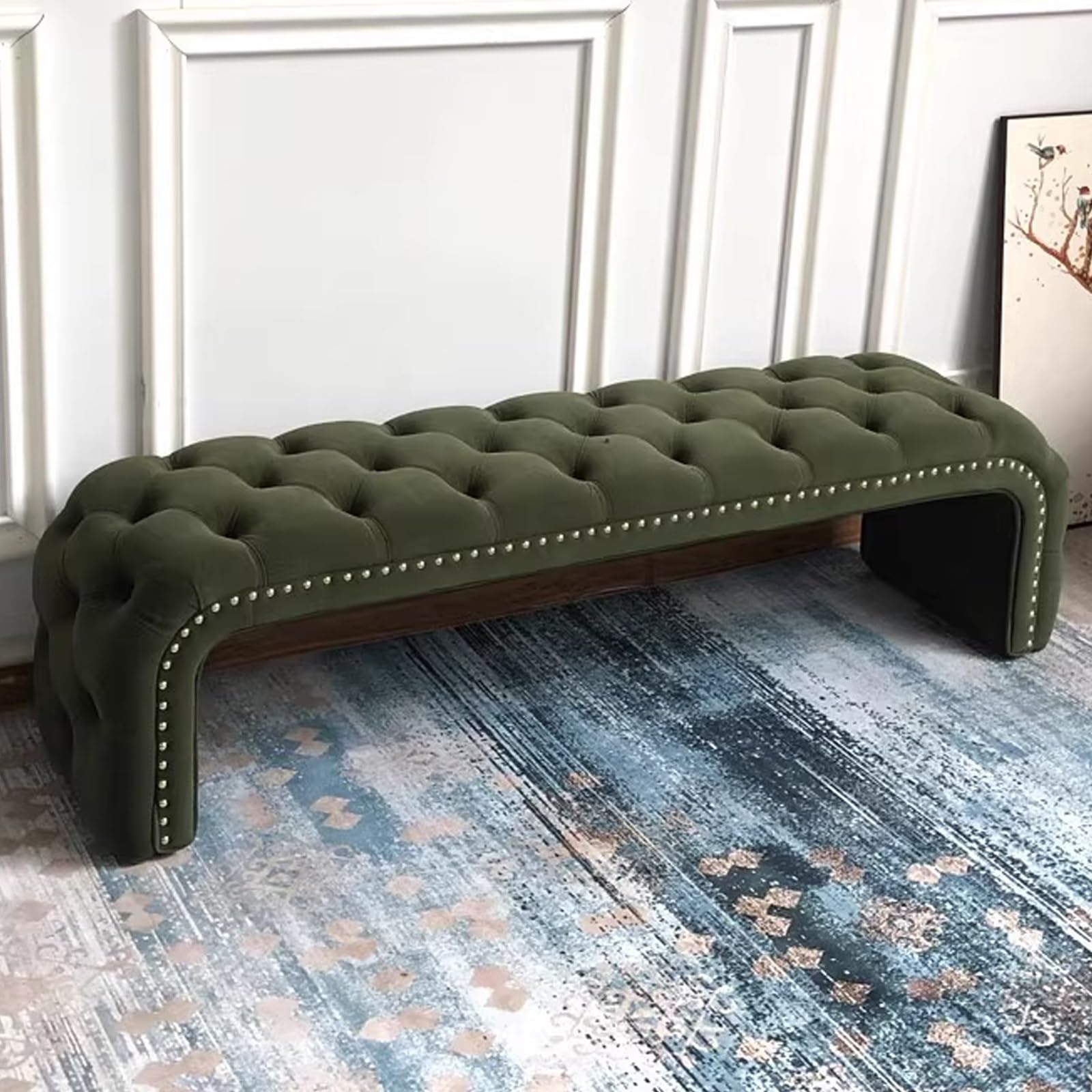 MSHGSKU Modern Shoe Bench with Upholstered Footrest Tufted Entryway Storage Ottoman Stylish Green Fabric Seating for Living Room & Dining Room (47.24in 120cm)