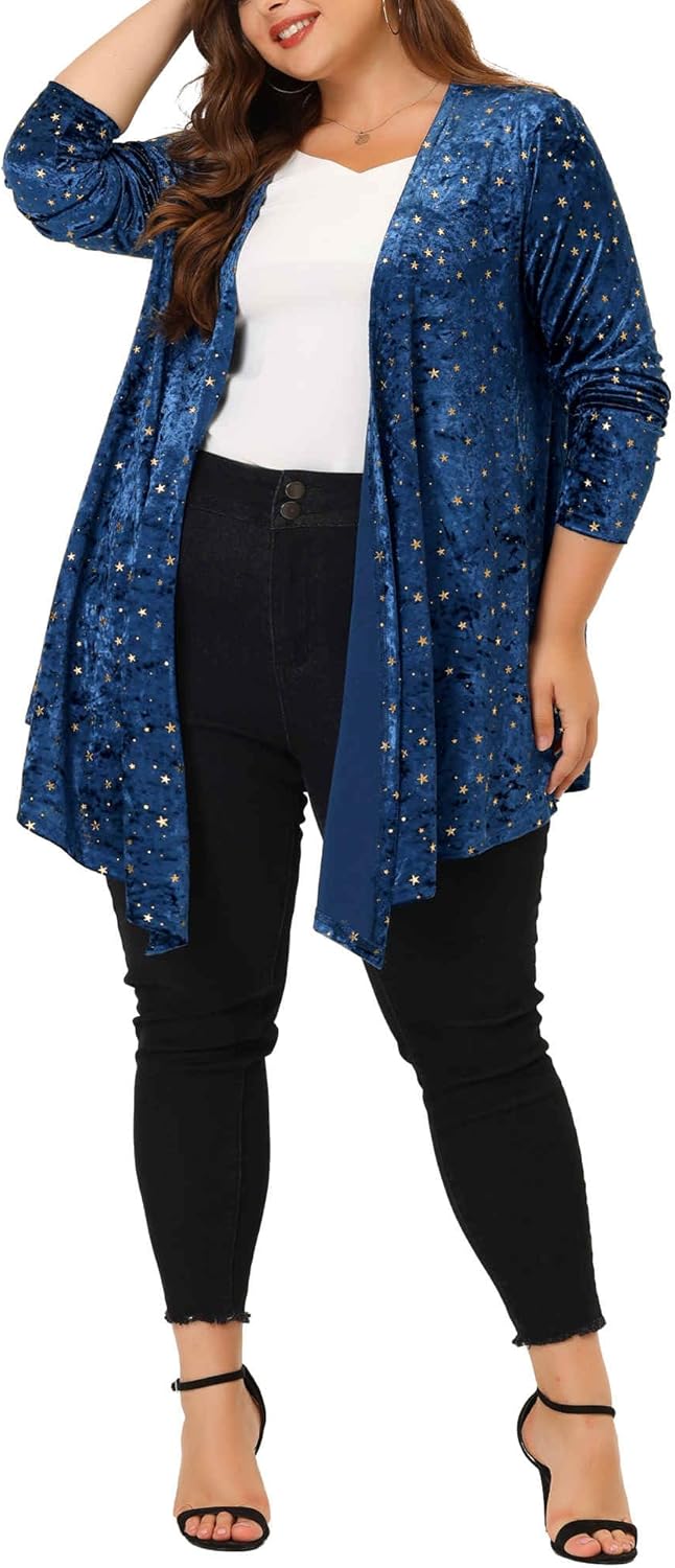 Agnes Orinda Women's Plus Size Cardigans Open Front Draped Shiny Party Velvet Cardigan