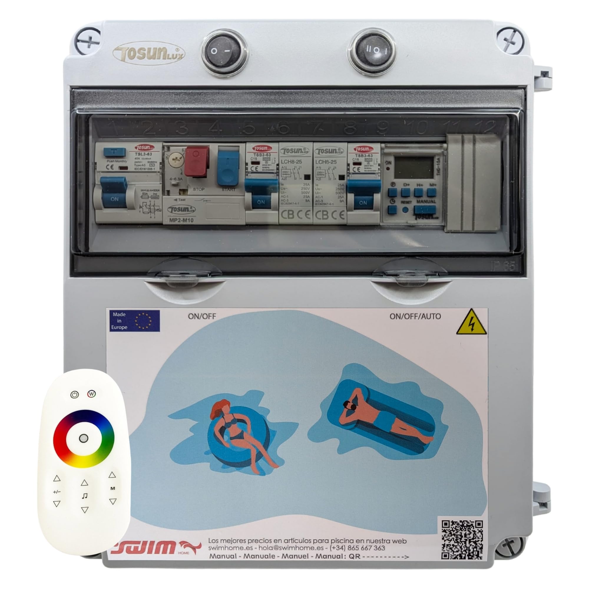 SWIMHOME Cuadro Eléctrico Piscina 2CV, Transformador 150W 12V DC, Mando RGB, Reloj y Toma para Clorador