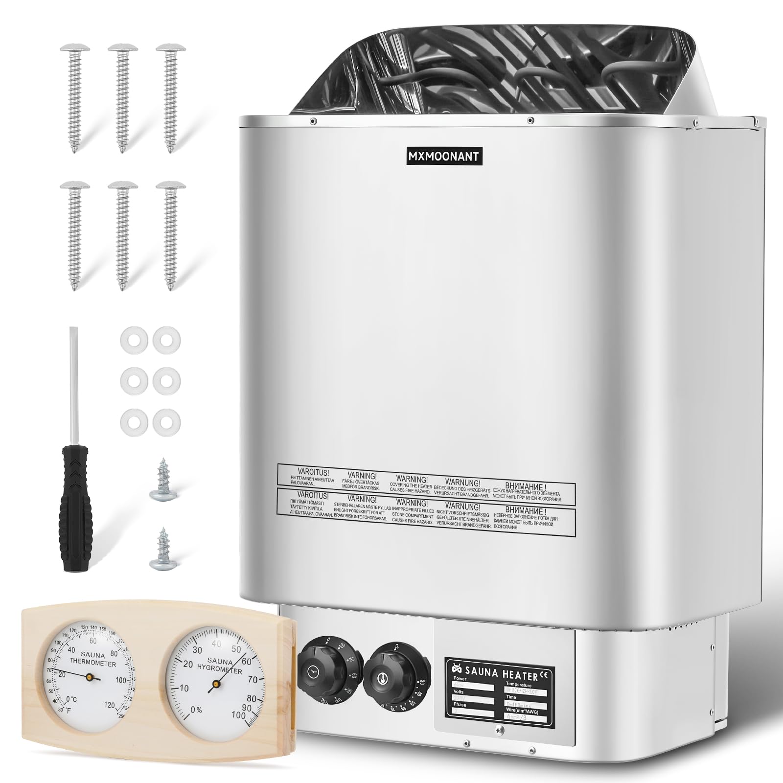 Mxmoonant 6kW Calentador para sauna, calentadores eléctricos para sauna, estufa para sauna de vapor seco, para hogar, hotel, spa, máx. 9 m³, con higrotermógrafo para sauna