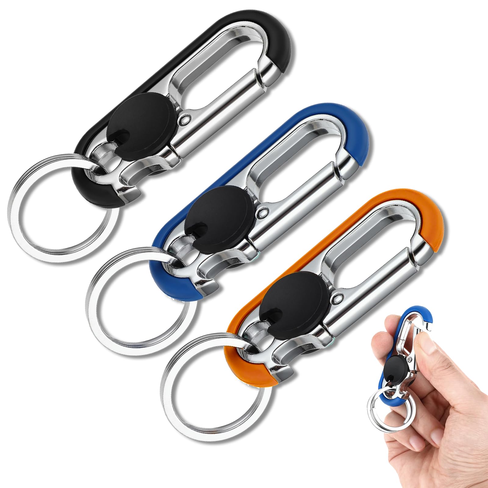CHRIS GOOD Men's Car Key Chain,3pcs Personalized Creative Stainless Steel Car Keychain for Men, Anti-Loss Heavy Duty Metal Key Ring (Black,Blue,Orange)