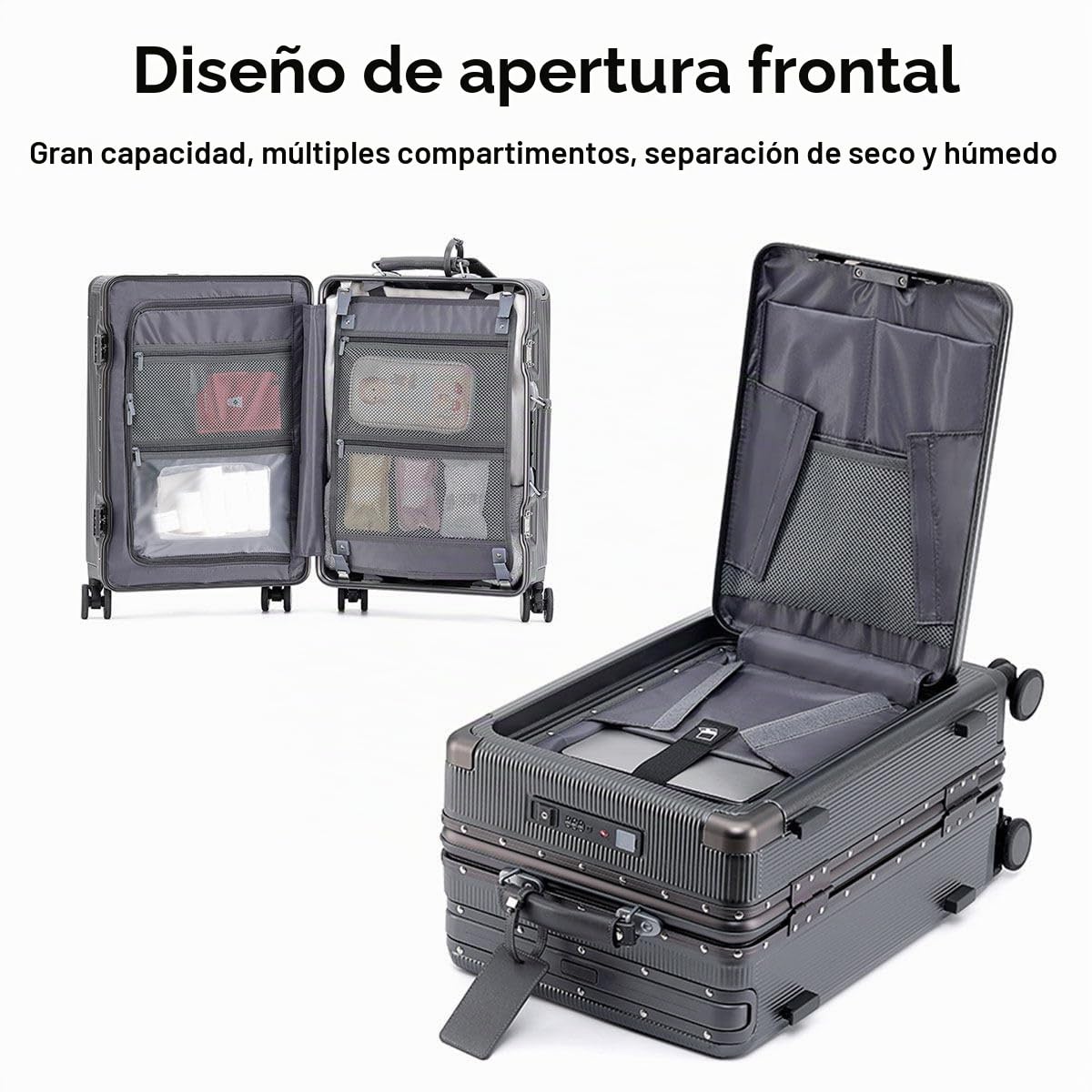 BEITH Maleta de Viaje Rígida, BS849-2 Marco de Aluminio Maleta, Portavasos Plegable, USB, Type-C, Abierto Desde el Frente, PC Maleta de Cabina, Cerradura TSA, 360° Silencioso, Tirante Ancho