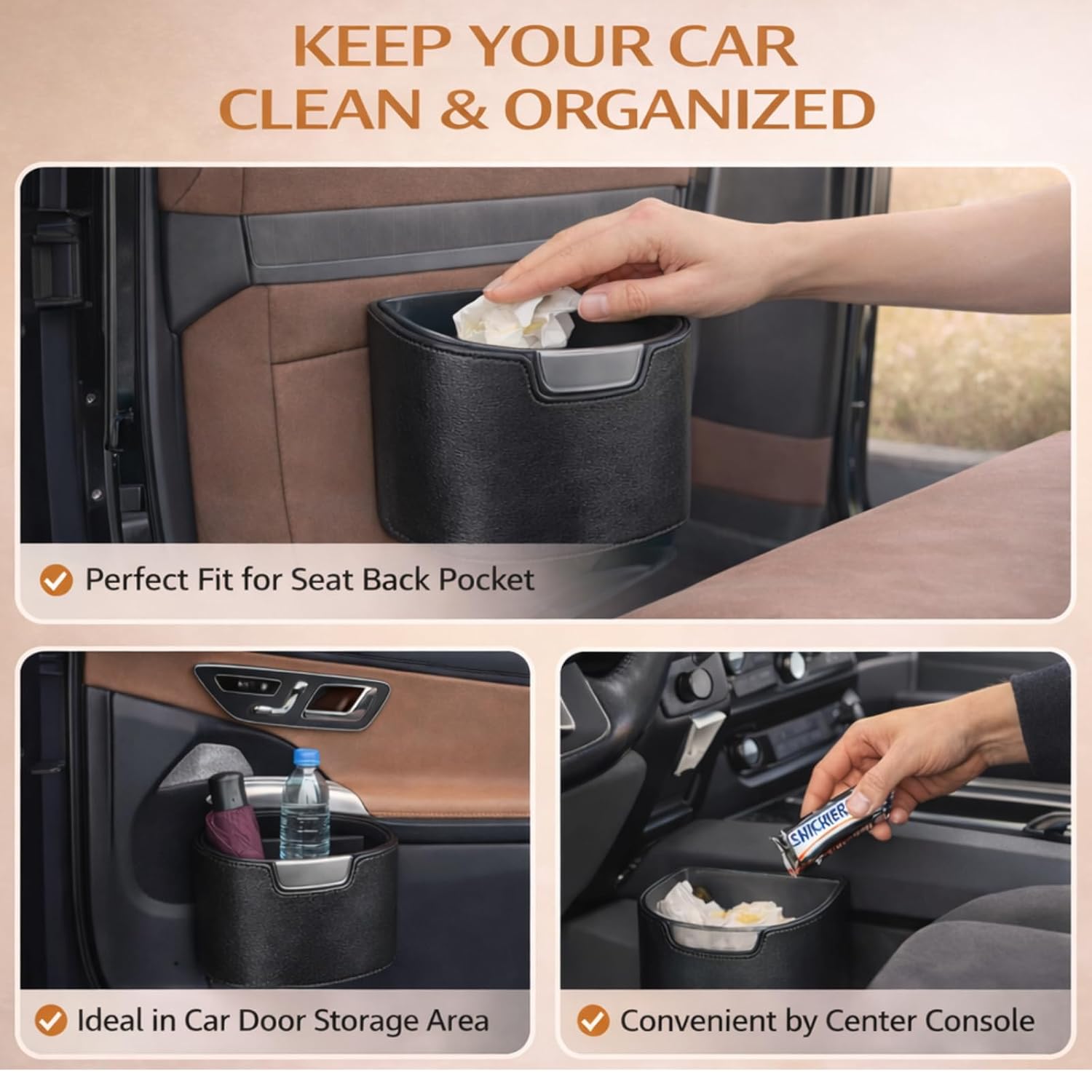Car Trash Can Leakproof Garbage Can for Car Hanging Back Seat PU Leather Vehicle Trash Bin Removable Liner for Travel Road Trip