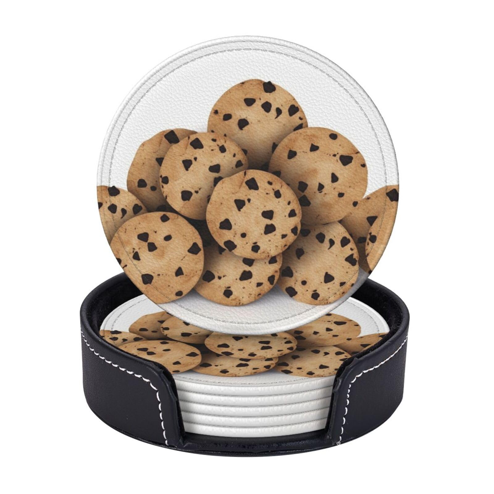 6Pcs PU Leather Coaster for Drinks, Food Chocolate Chip Biscuits Cup Coasters with Holder, Aesthetic Drink Coasters for Coffee Table, Round Coaster for Tabletop Protection 4" Cup Mat Pad