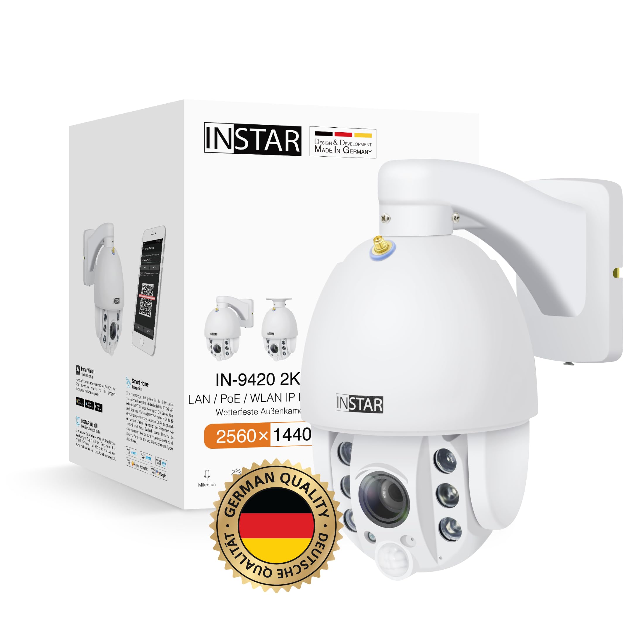 INSTAR IN-9420 2K+ Bianco - LAN/PoE/WiFi telecamera di sorveglianza con IA (AI) - Telecamera IP - PIR - PTZ controllabile - Uso per interni ed esterni - HomeKit HKSV - MQTT