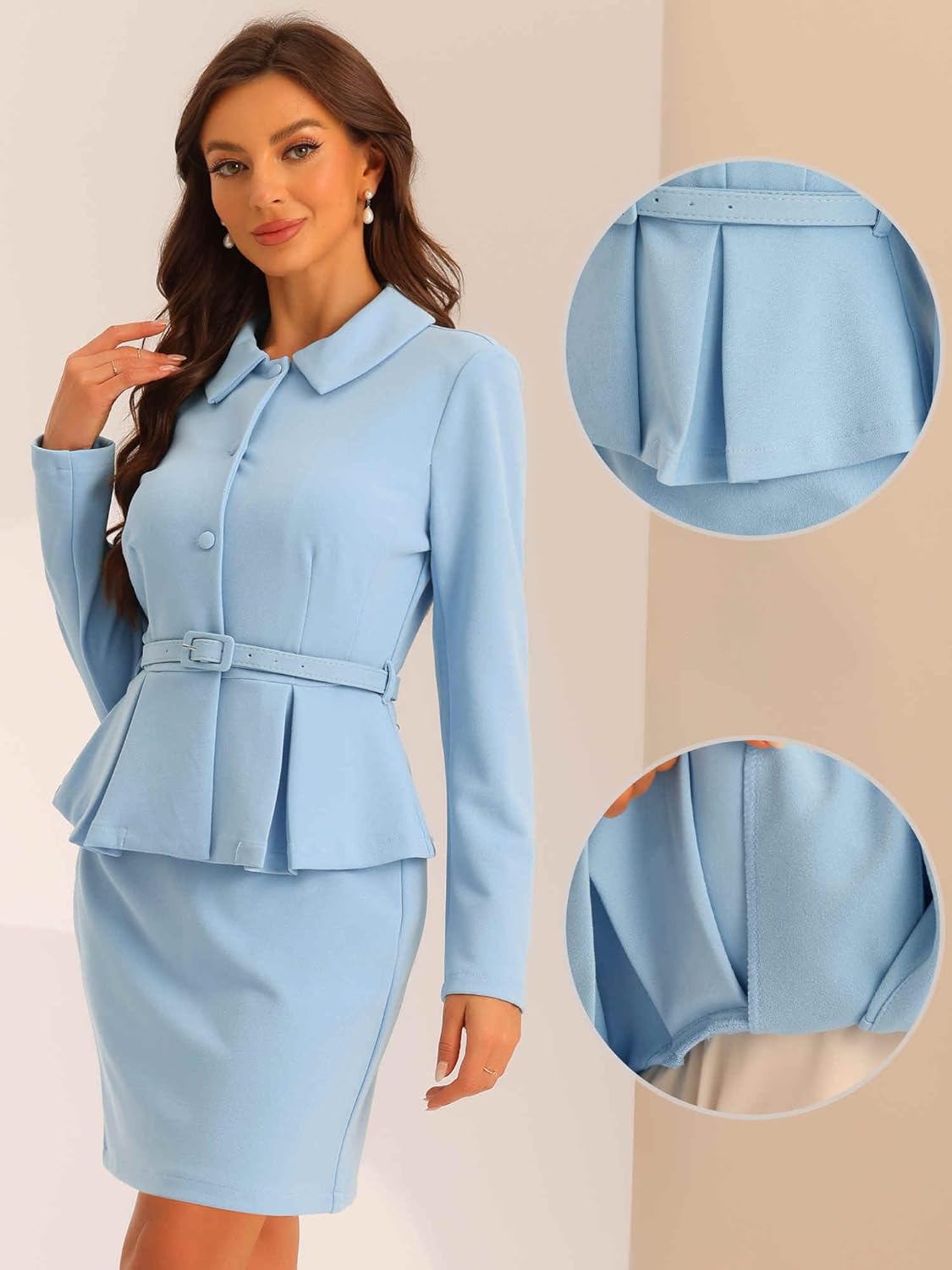 Allegra K Two Pieces Suits for Women's Business Peplum Blazer Jacket Mini Pencil Skirt Sets - Image 2