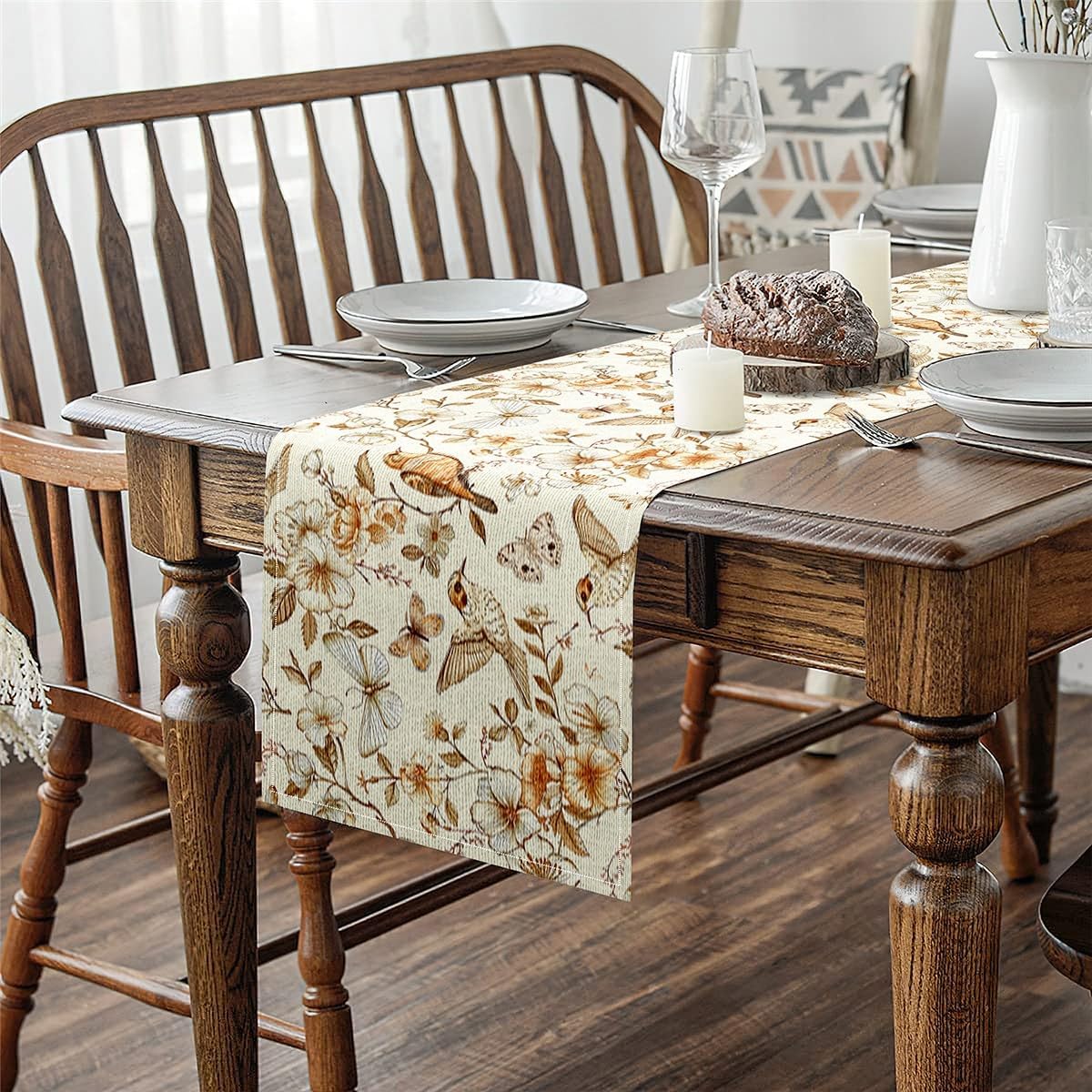 jejeloiu Hummingbird Seasonal Tropical Birds Table Runner Hummingbird Flowers Home Decor for Living Room Dresser Scarfs Dresser Runners Butterfly Table Decoration for Kitchen Dinning Brown 13" x 120"