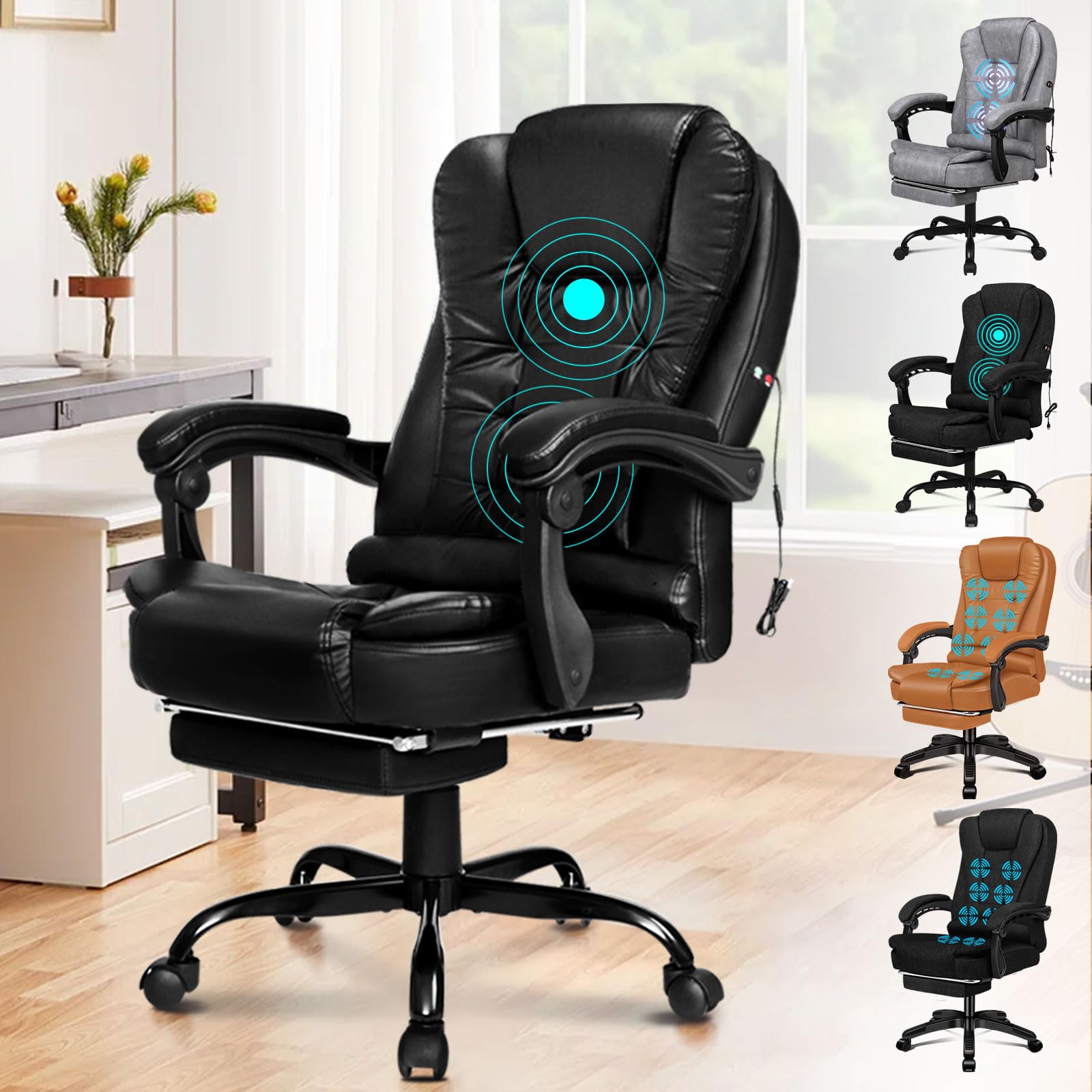 Executive Office Chair with 8-point Massage Seat Heated, PC Desk Gaming Chairs with Armrests Footrest High Back 150° Recliner Padded 360° Swivel Fabric, Grey