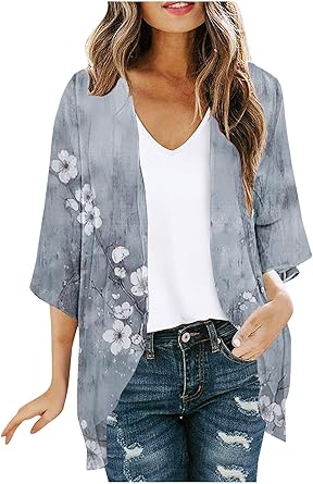 Women's Floral Print 3/4 Sleeve Kimonos Chiffon Lightweight Fall ...