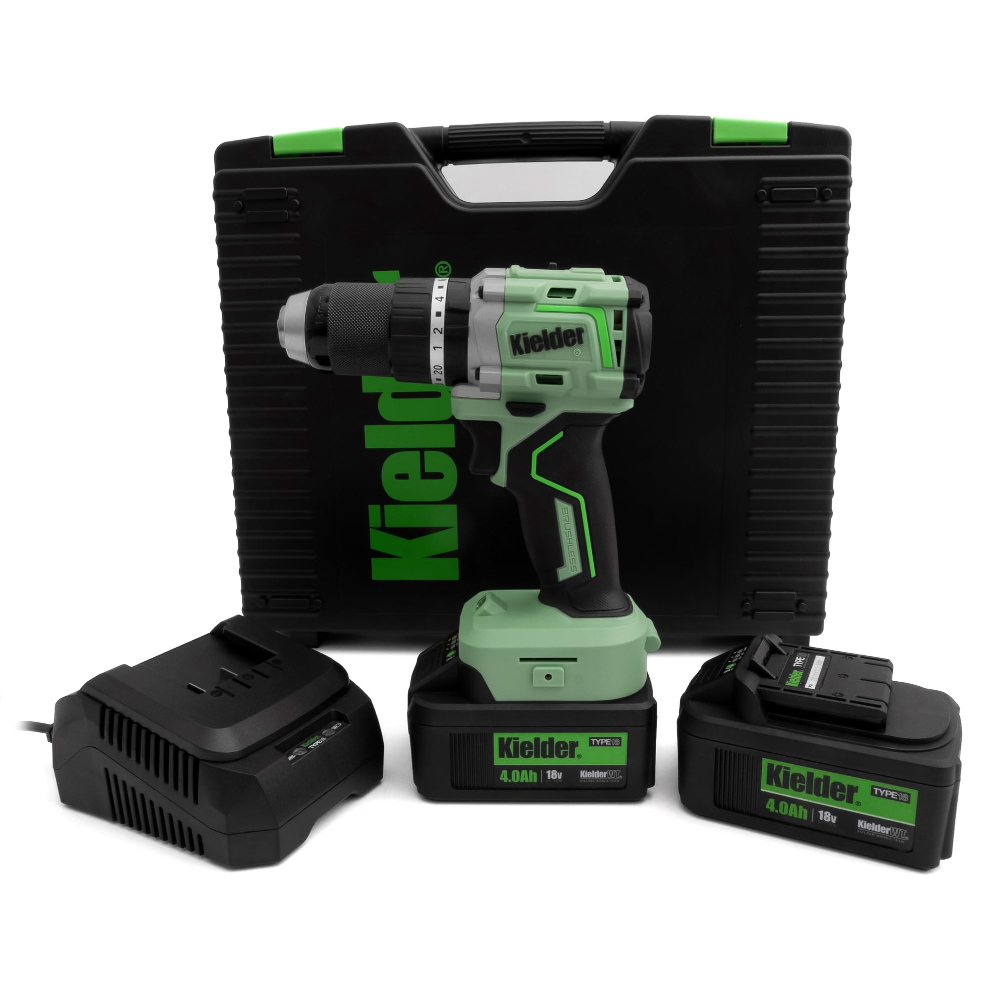 Kielder KWT-020-03 TYPE18 Kit de perceuse combiné ultra compact 18 V 13 mm 75 Nm, 2 batteries 4,0 Ah, chargeur, clip ceinture et étui de transport Pro