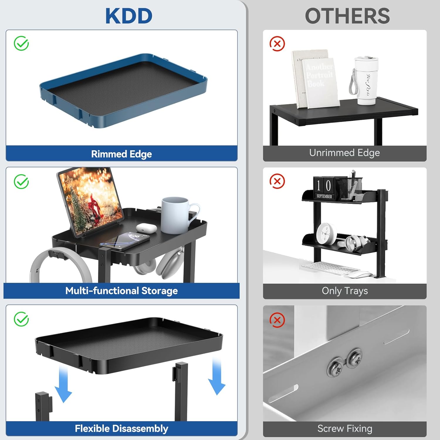 KDD Clamp On Desk Organizer - Adjustable 2-Tier Above or Under Desk Shelves with Large Capacity Tray, Phone & Tablet Holder, Headphone Hook - No Drilling Desktop Storage for Office & Home Accessories