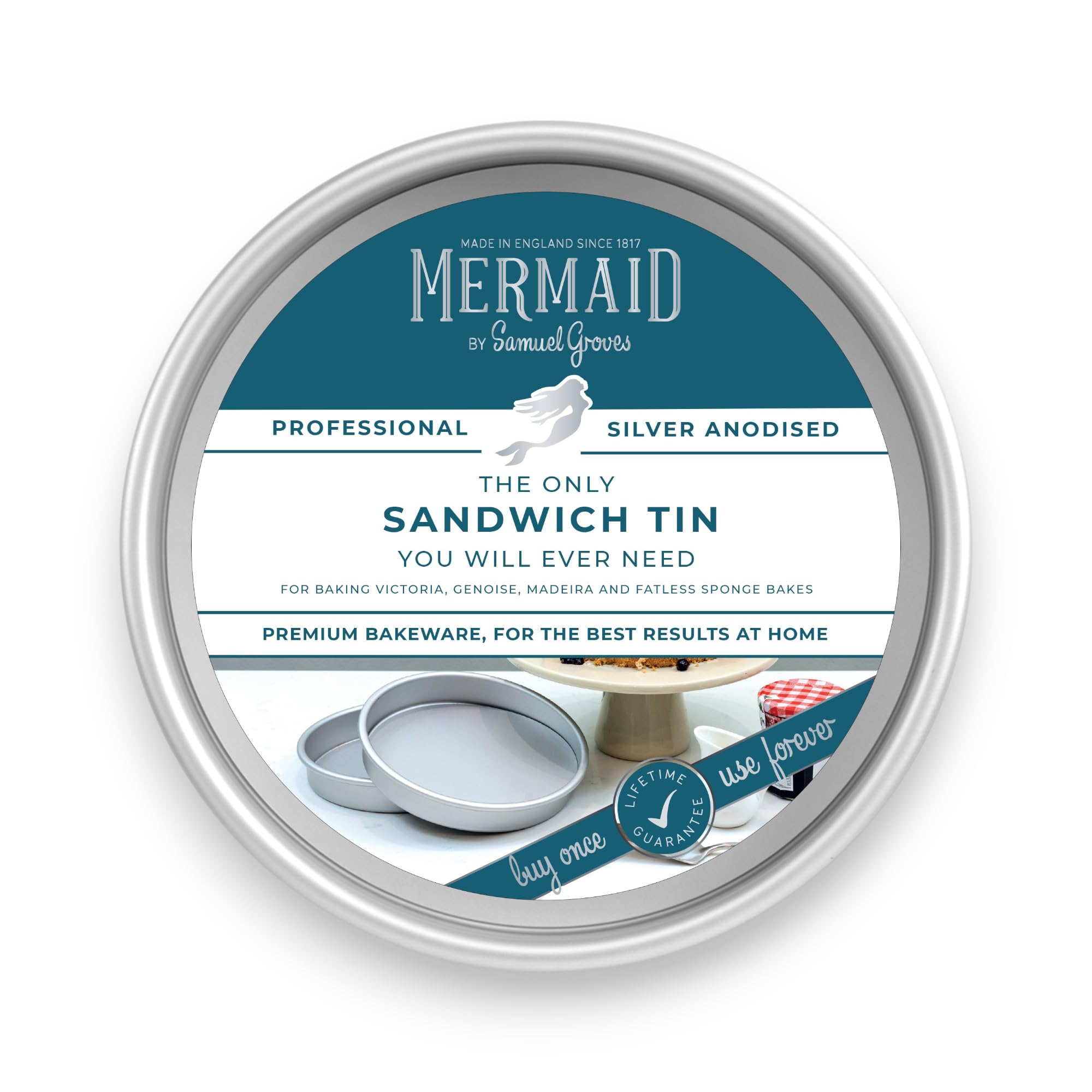 Mermaid Silver Anodised 8"/ 20.3cm Round Sandwich Cake Tin, Victoria Sponge Tin, Non Toxic Professional Heavy Duty Aluminium, Naturally Non Stick, Silver Anodised Bakeware UK Made by Samuel Groves