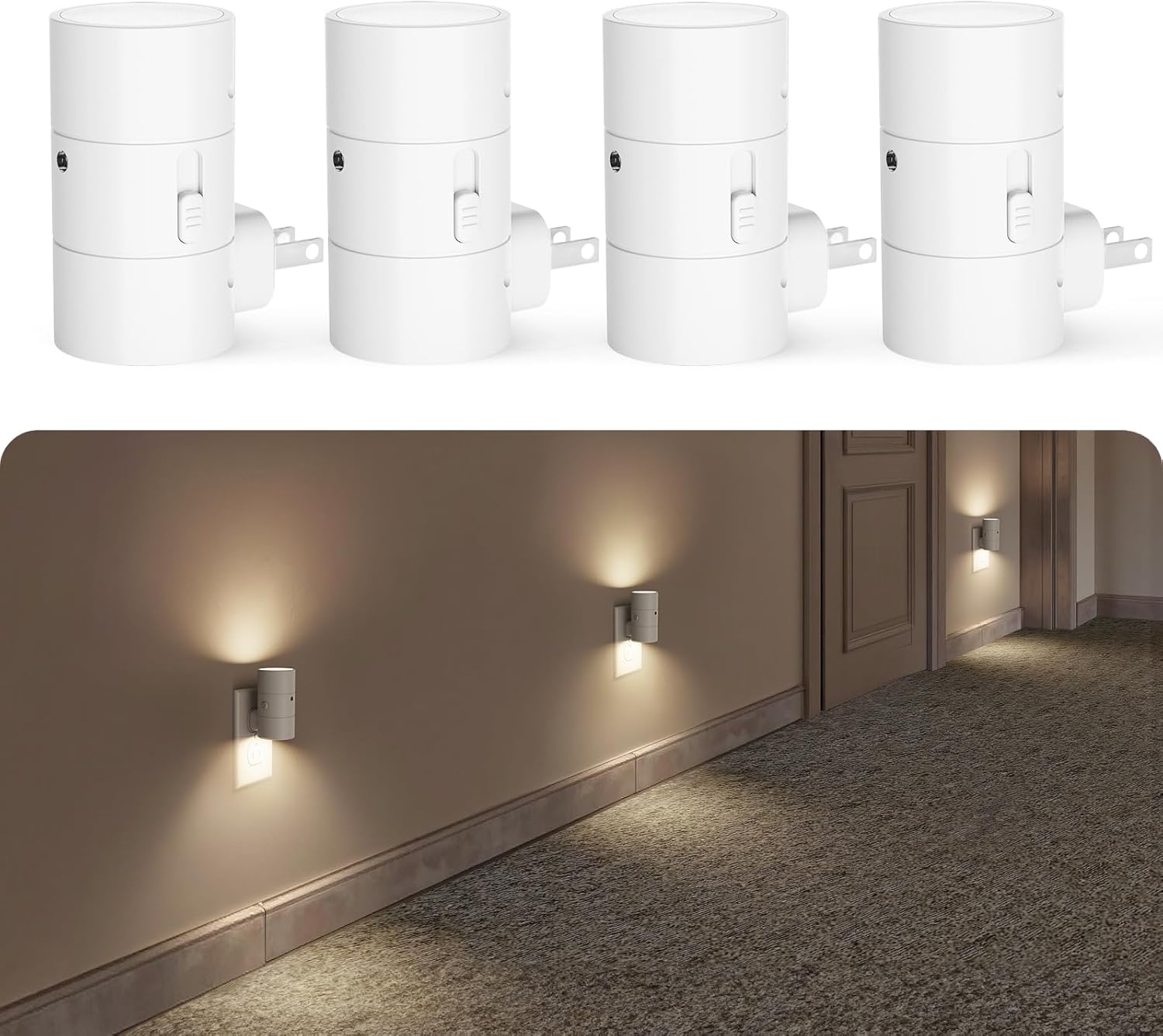 VOLISUN Night Light, Dimmable Led Night Lights Plug into Wall, Amber/3000K/4500K, 0-100LM Adjustable Brightness, Dusk to Dawn Nightlight for Hallway, Bathroom, Bedroom White 4 Pack