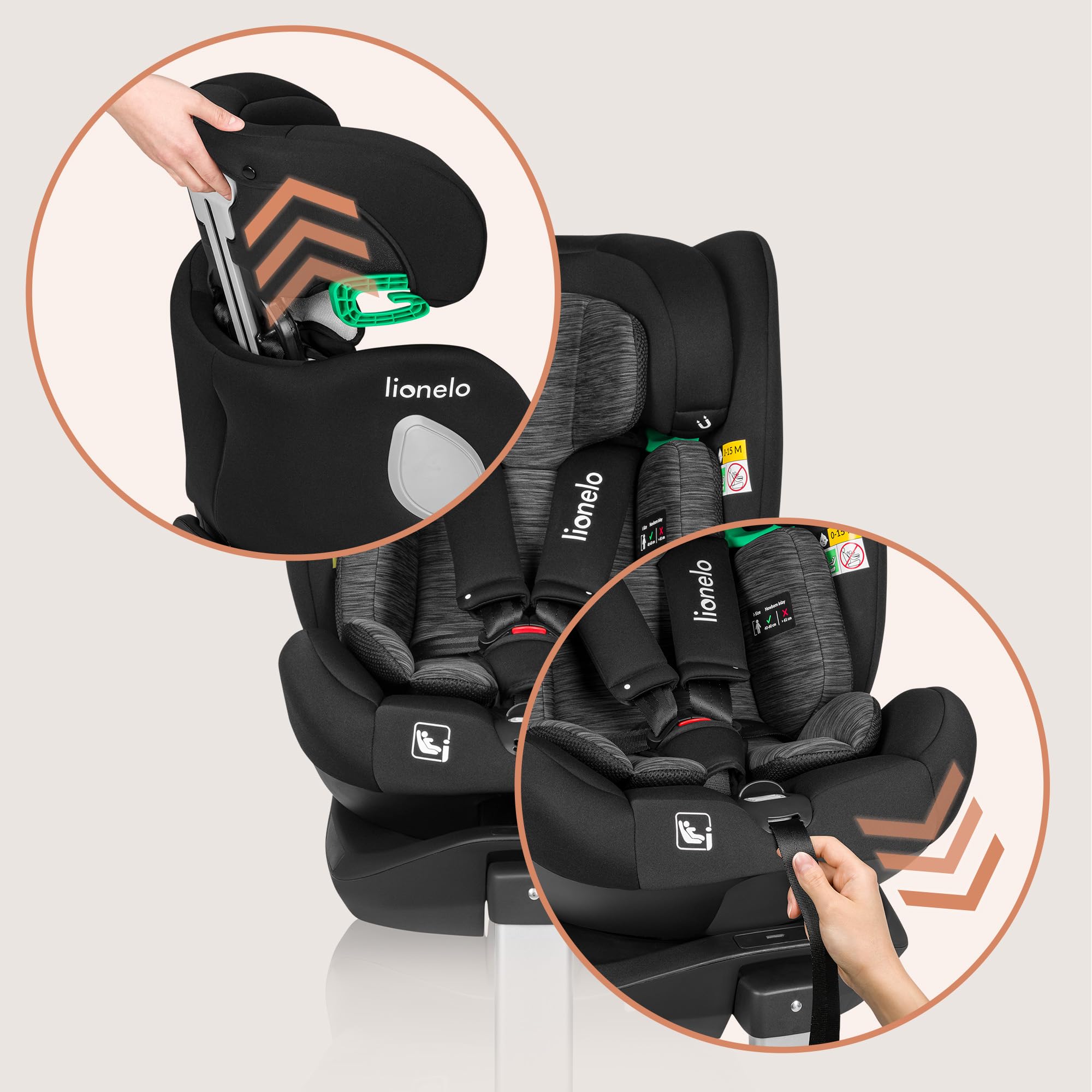 LIONELO BRAAM i-Size Silla de Coche para Bebé Giratoria 0-36kg, Instalación Delantera y Trasera, sistema de anclaje ISOFIX+, pie estabilizador, Reposacabezas y Respaldo Ajustable
