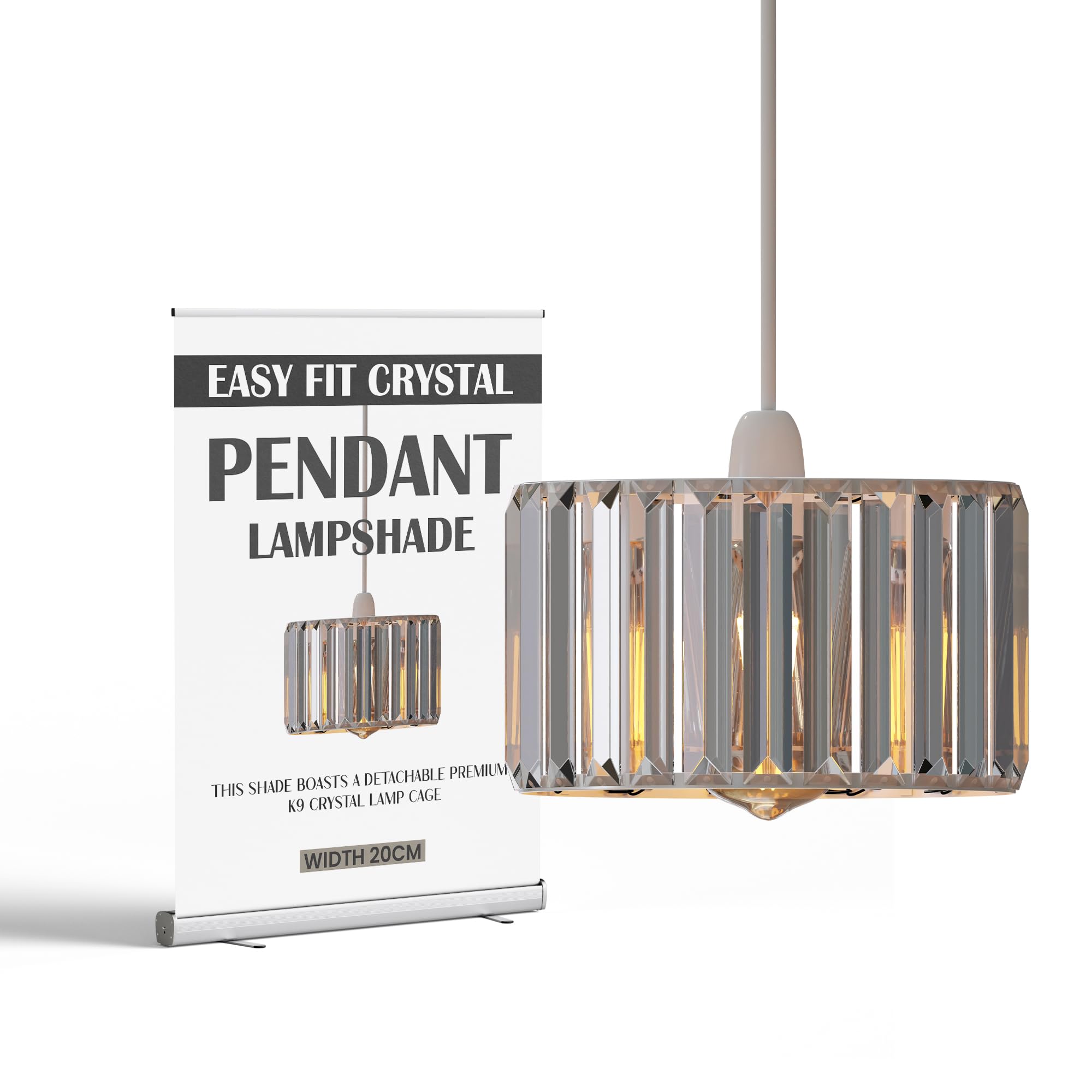 Crystal Lamp Shade – 20cm White Easy Fit Light Shades Modern Drum Style Pendant Table Lamp Shade with Clear Faceted Crystal Prisms, Modern Glam Replacement Lighting for Living Room, Bedroom Hallway