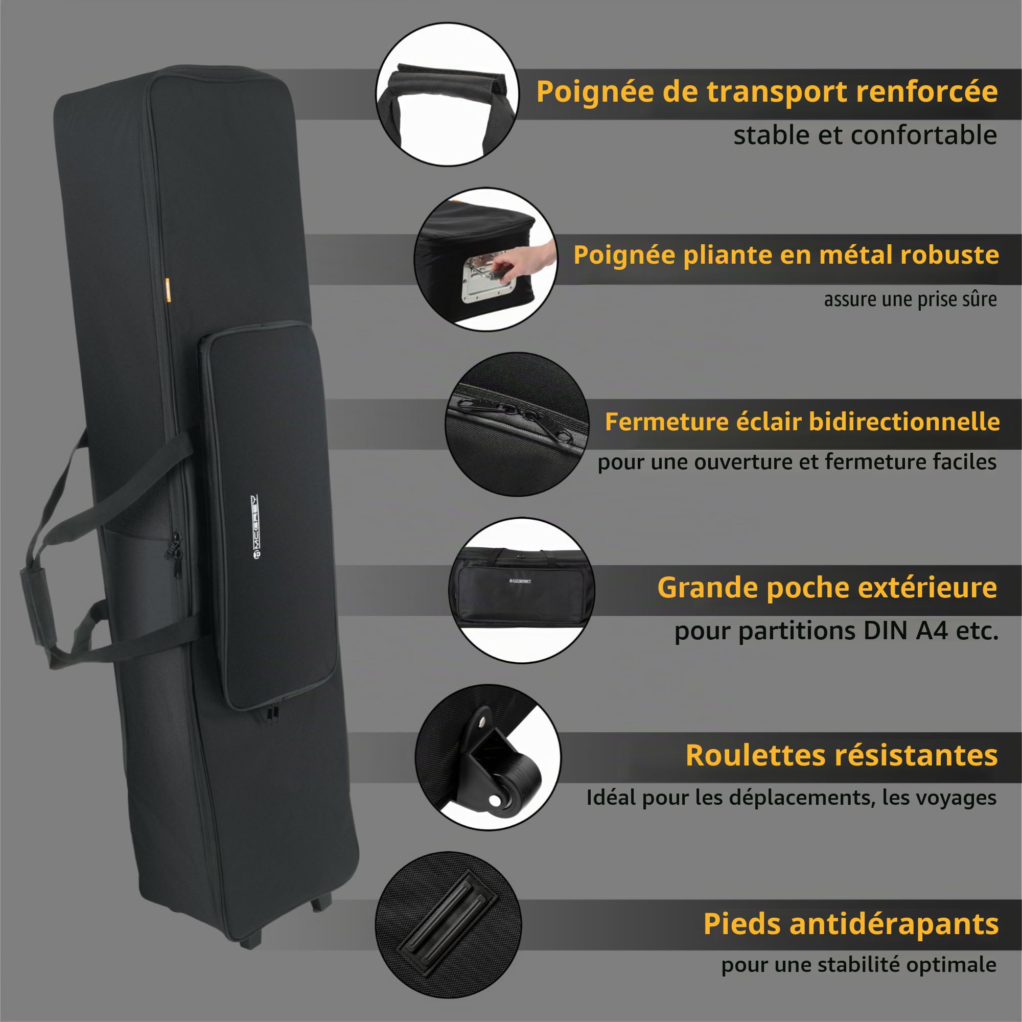 McGrey KBT-3122-88 Keyboardtrolley, Poignée de transport auto-agrippante | Valise roulante légère pour pianos 88 touches, Matériau résistant à l'eau, protège contre l'humidité & la poussière, Poids: 3