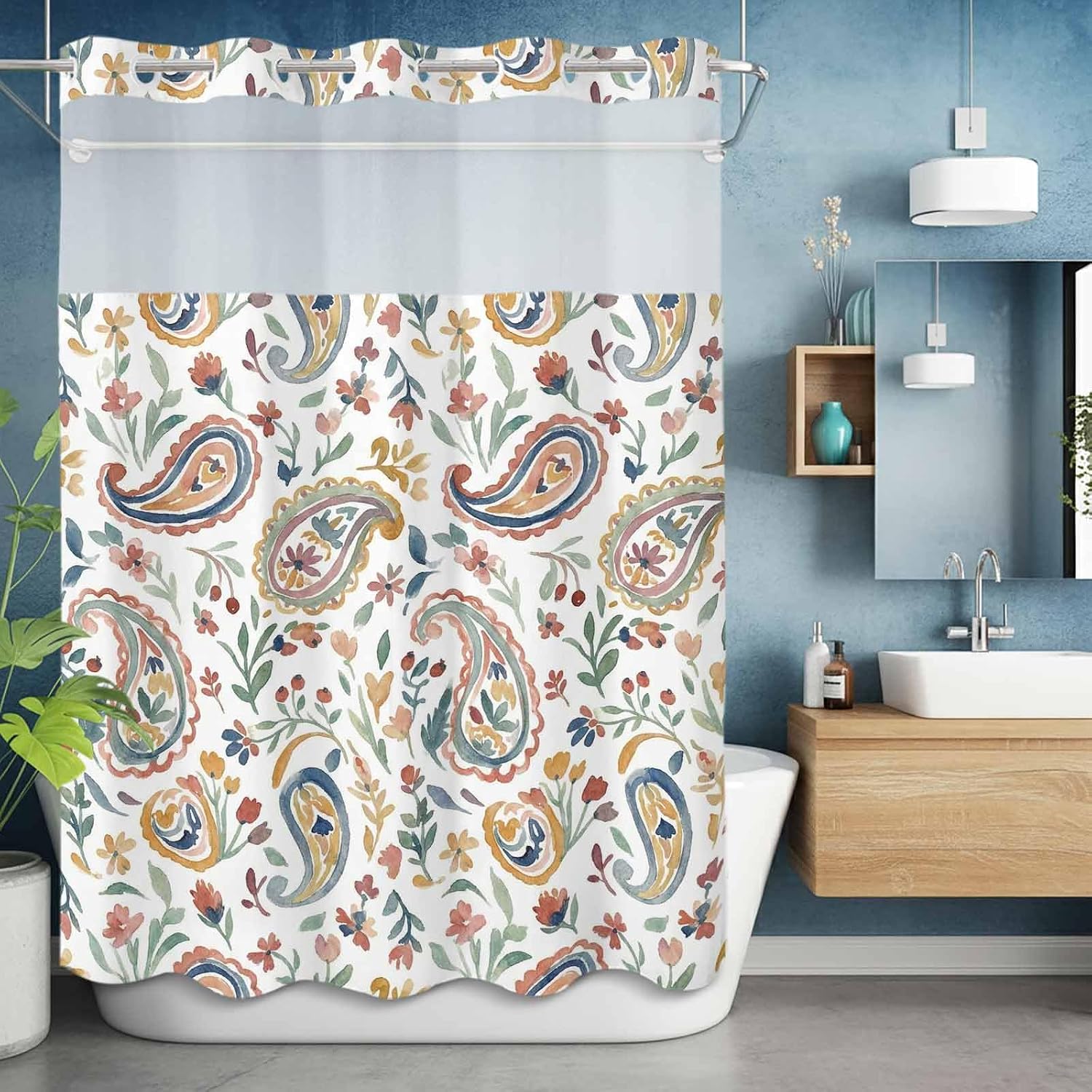 No Hook Shower Curtain, Paisley Flower Long Bathtub Curtains with Snap in Liner, Spring Watercolor Country Floral Leaf Plant Waterproof Washable Fabric Shower Curtain Set, 72" x 84"