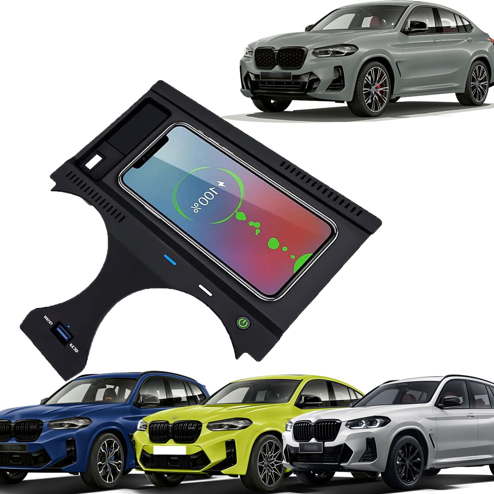 Cenna Caricabatteria per Auto Wireless per BMW X3/x3m (2018-2022) X4/x4m (2019-2022) Accessorio per Tutti I Modelli con Ricarica Rapida Wireless da 15 W E USB Qc3.0 Regalo per La Famiglia