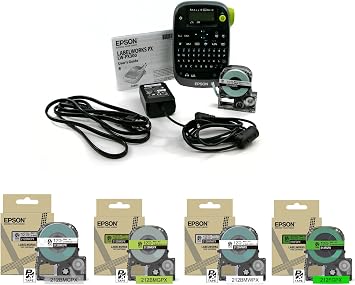 LABELWORKS Epson Energized and Organized Bundle LW-PX300ADPT Label Maker with Charger and 4 Label Tapes - 1/2" Matte Clean, Matte Green, Matte White and Bright Green