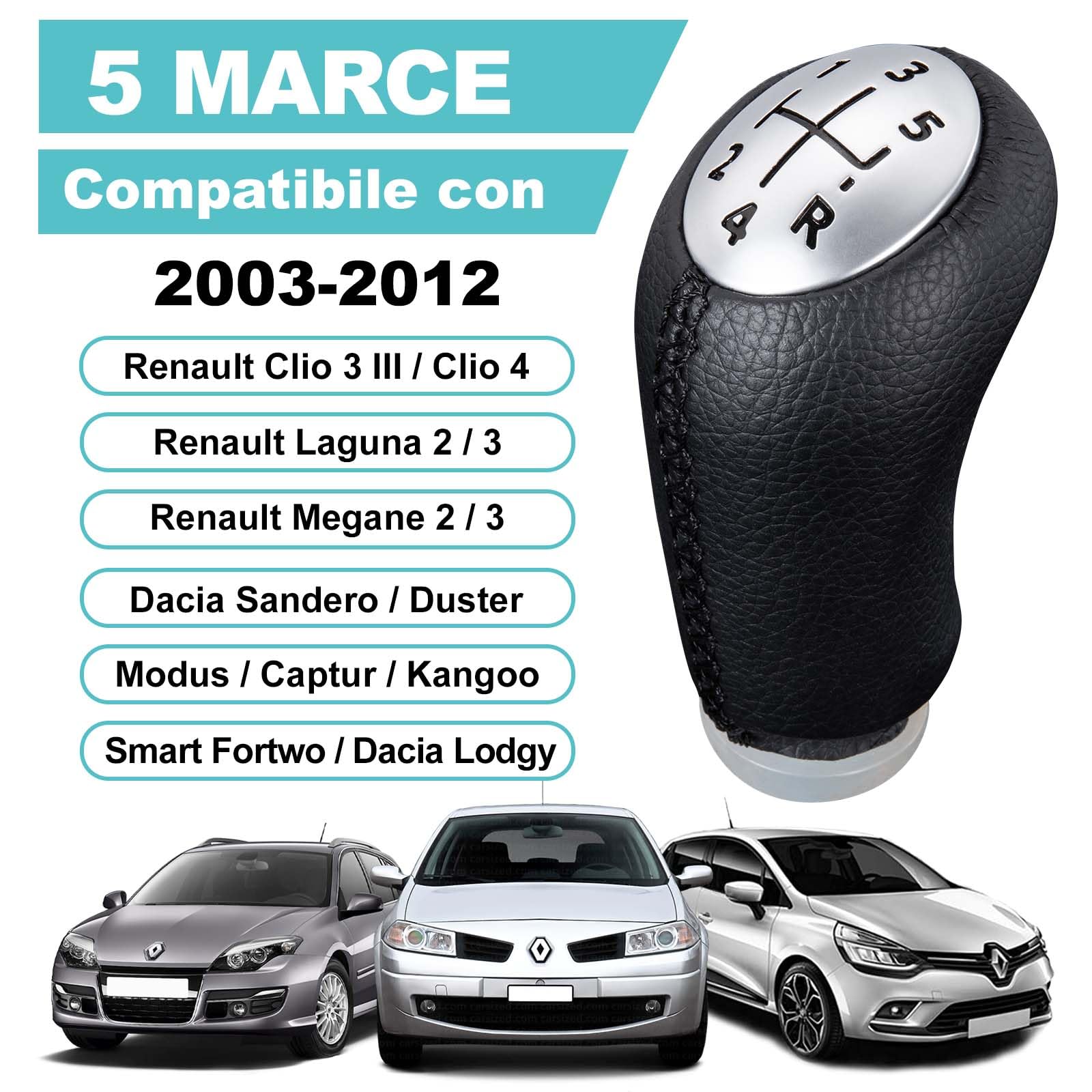 Spurtar Manuale 5 Marce Leva Pomello Cambio in Pelle per Renault Clio 3 III 2005-09, Clio 4 2012-19, Megane 2 Laguna 2003-09, Modus 2005-2010, Twingo 2, Dacia Duster Nero con Adattatore
