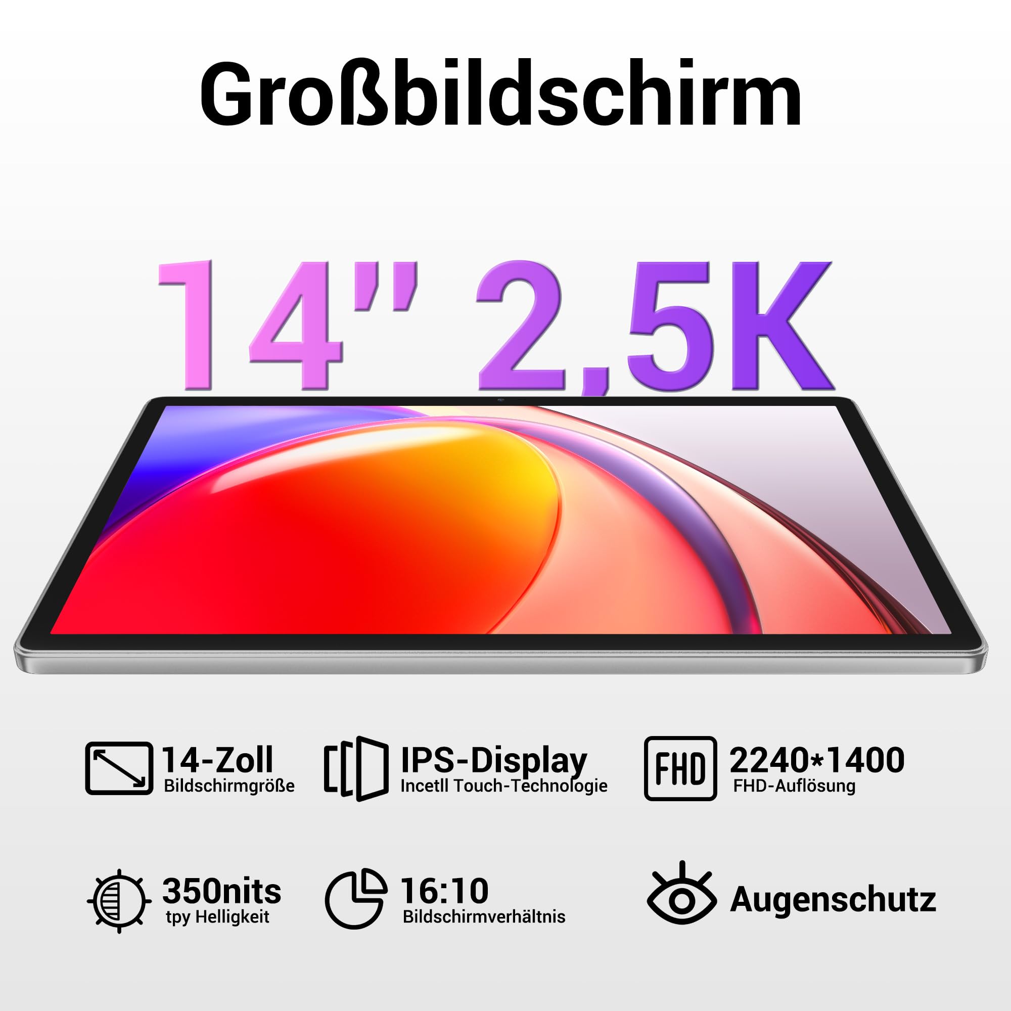 14 Zoll Tablet, 2.5K Display, 36GB RAM + 512GB ROM (1TB erweiterbar), 4G LTE Dual SIM + 5G WiFi, Quad-Speaker/Gemini AI/GPS/GMS/11580mAh/13MP, Android 15 Tablets mit Tastatur/Maus/Hülle/Kopfhörer/Pen
