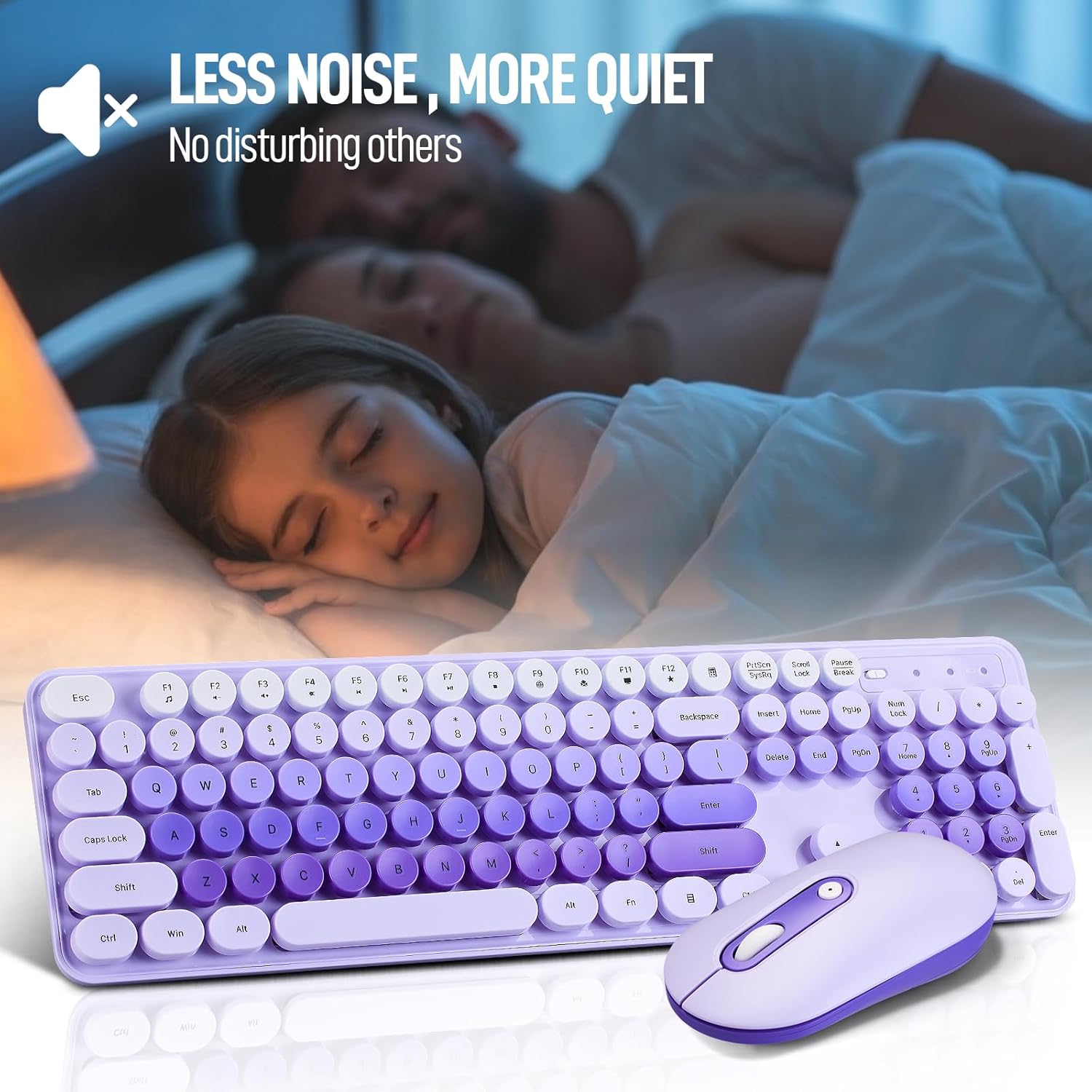 Wireless Keyboard and Mouse Combo, Full Size Compact Quiet Wireless Keyboard and Mouse Set 2.4G Ultra-Thin Sleek Design for Windows, Desktop, PC, Notebook, Laptop,Round Keys Purple Mixed Punk Color